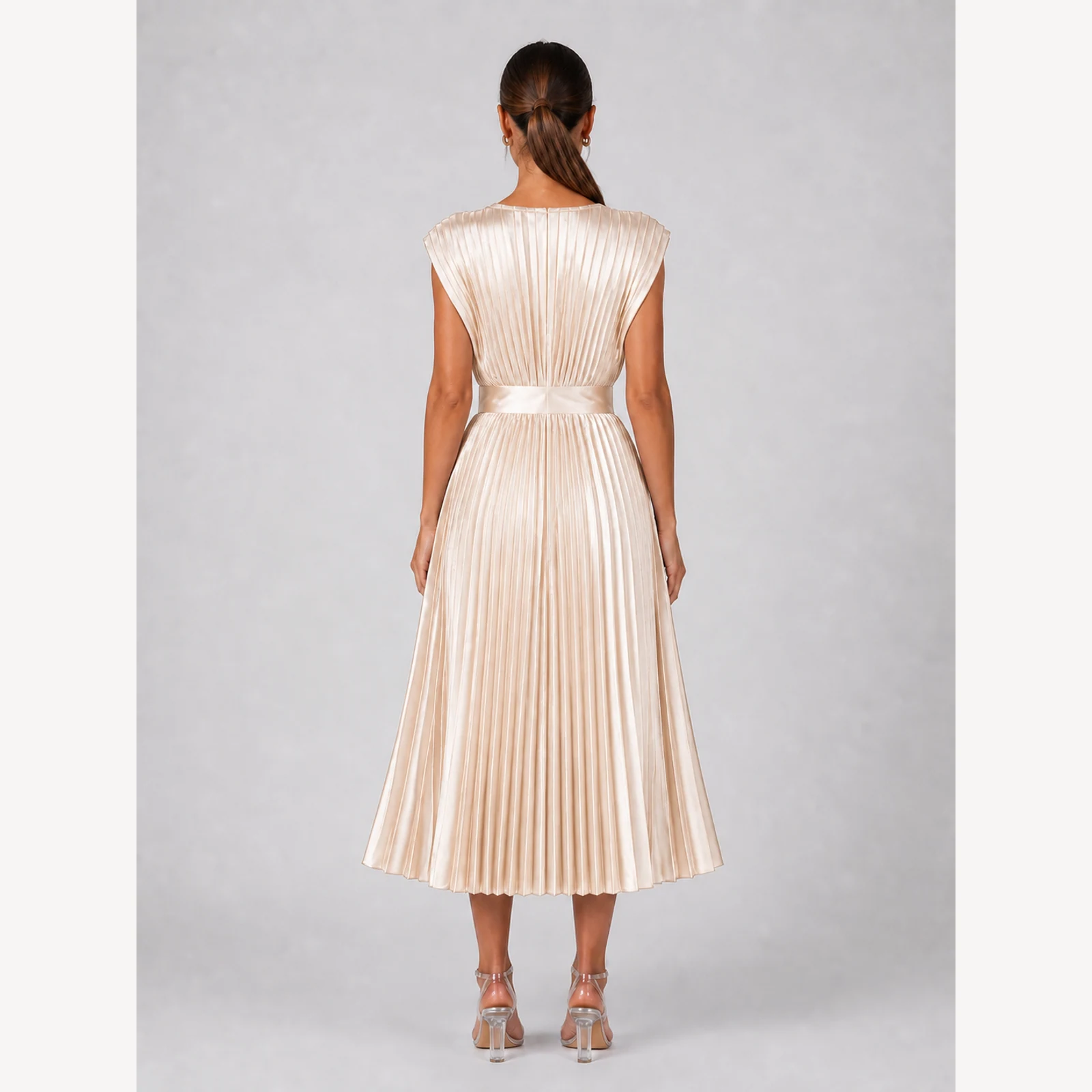 Primrose Champagne Pleated Midi Dress, view 2