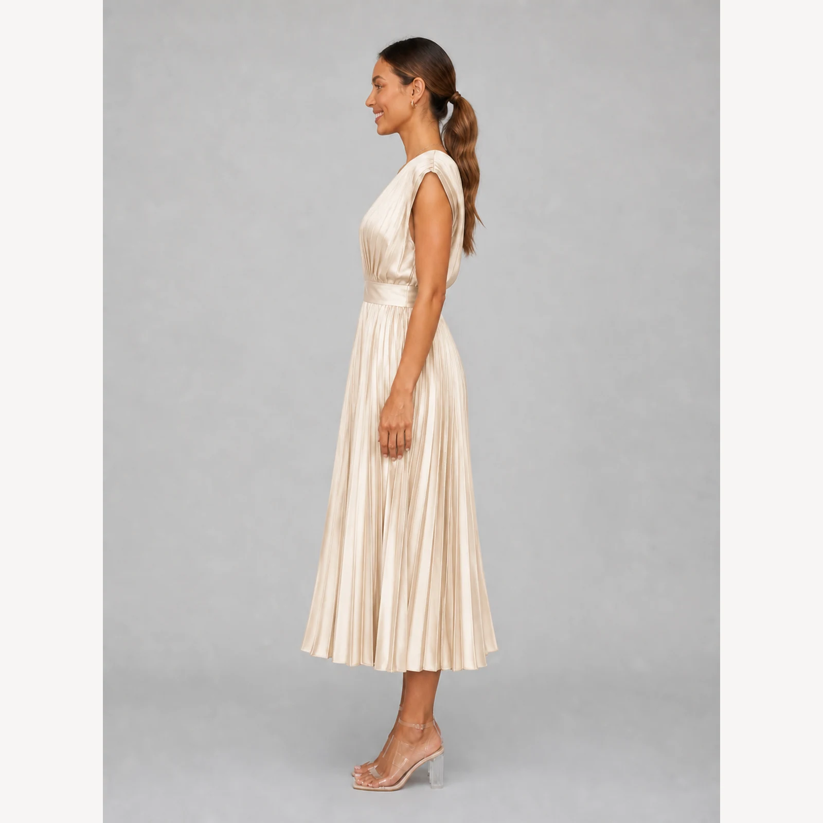 Primrose Champagne Pleated Midi Dress, view 3