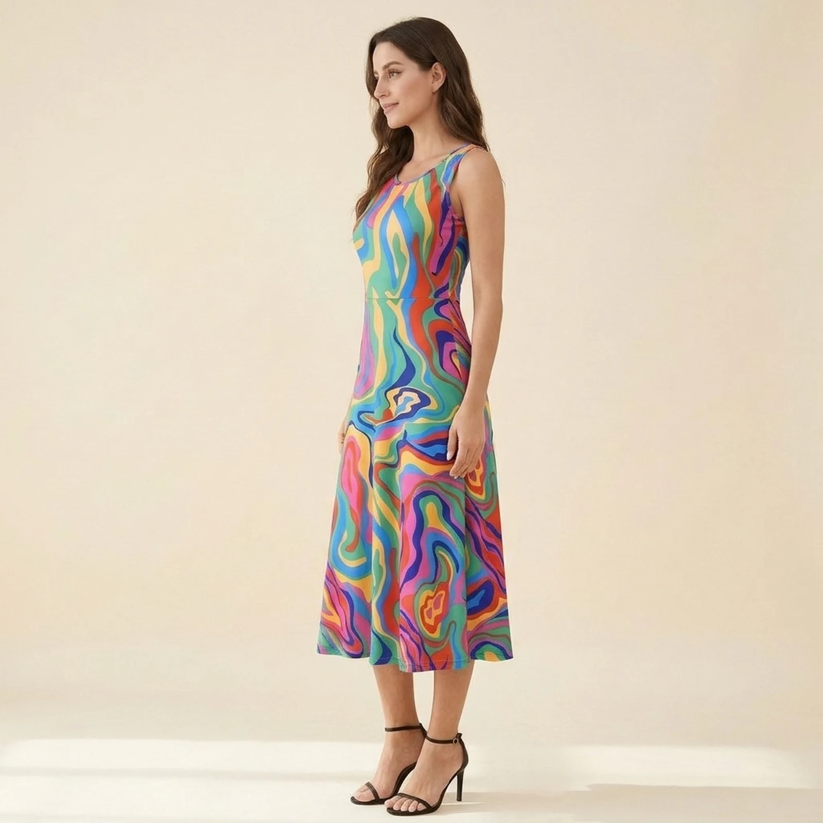 Prisma Swirl Swing Midi Dress, view 3