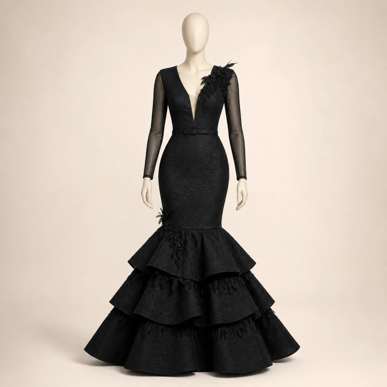 Ravenna Black Tiered Mermaid Gown, view 1