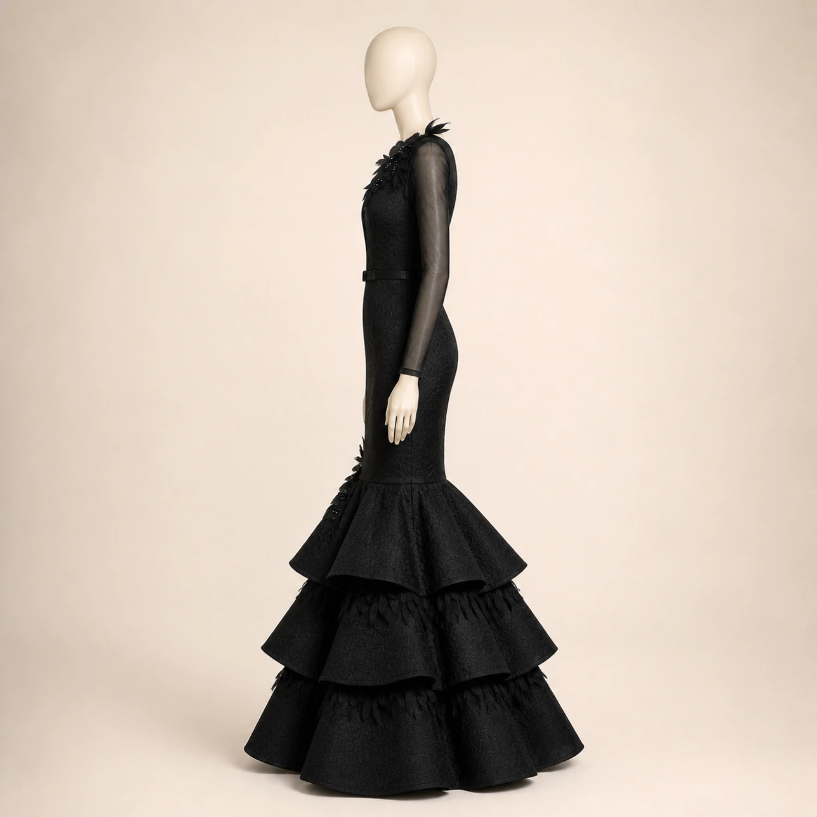 Ravenna Black Tiered Mermaid Gown, view 3