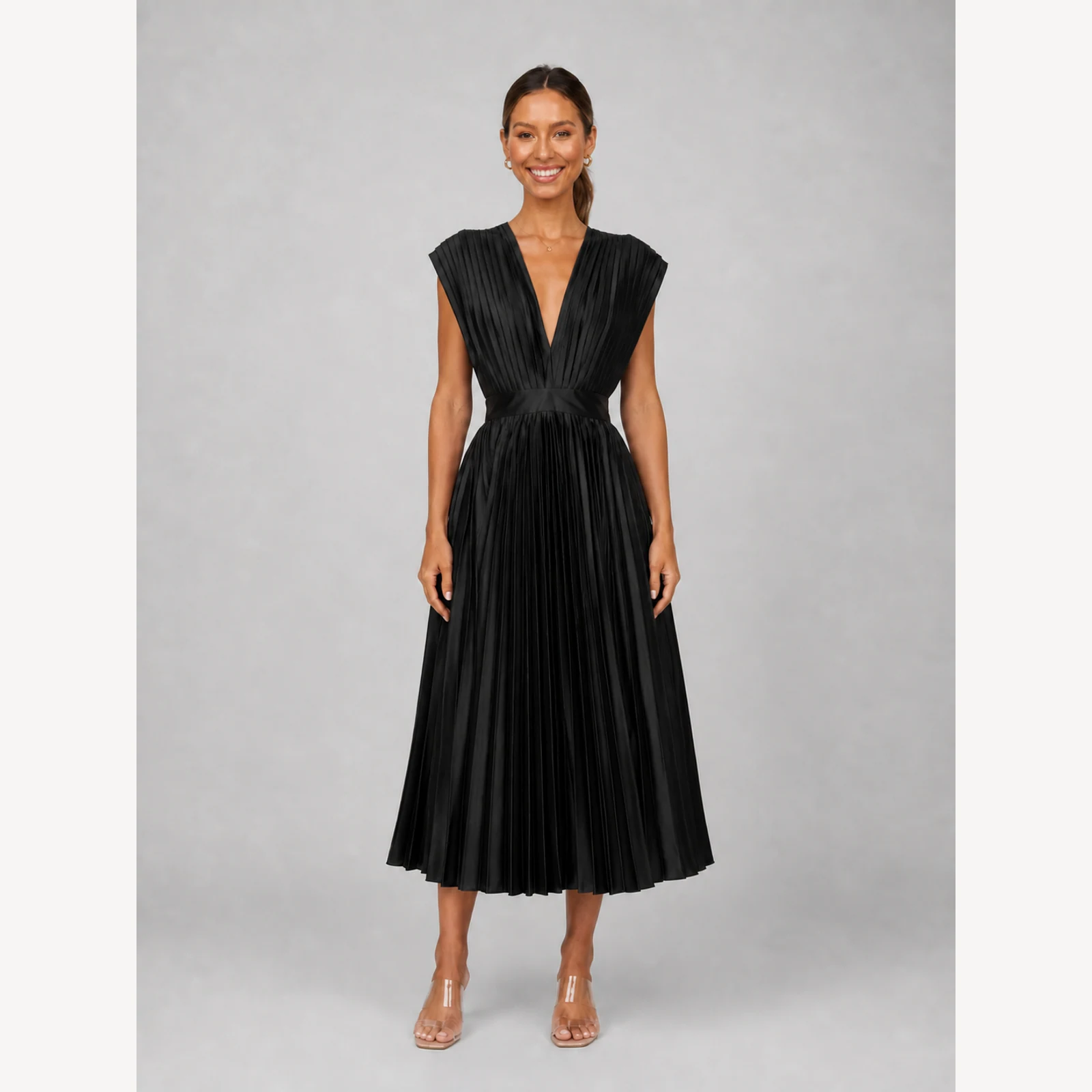 Renata Black Pleated Midi Dress, view 1