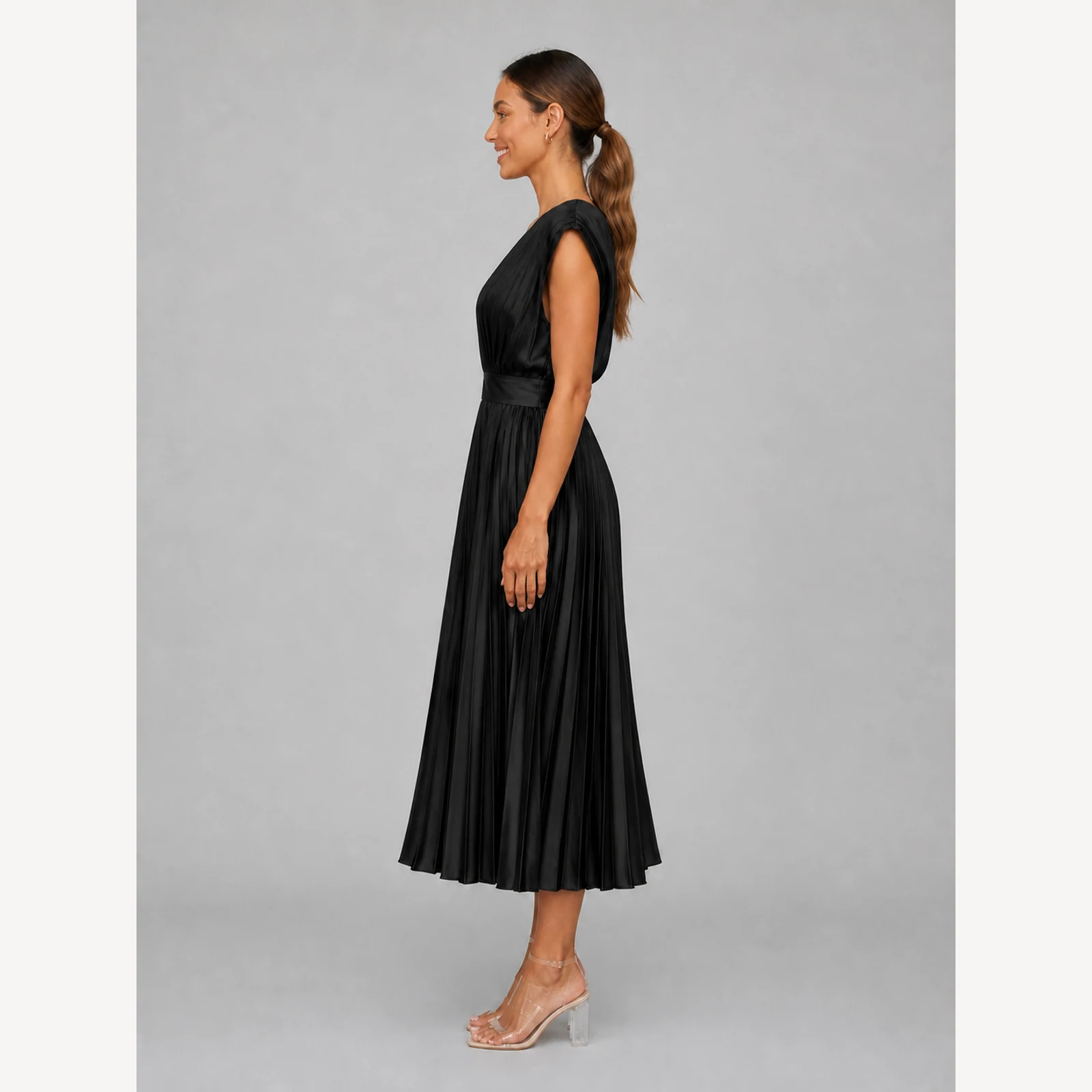 Renata Black Pleated Midi Dress, view 3