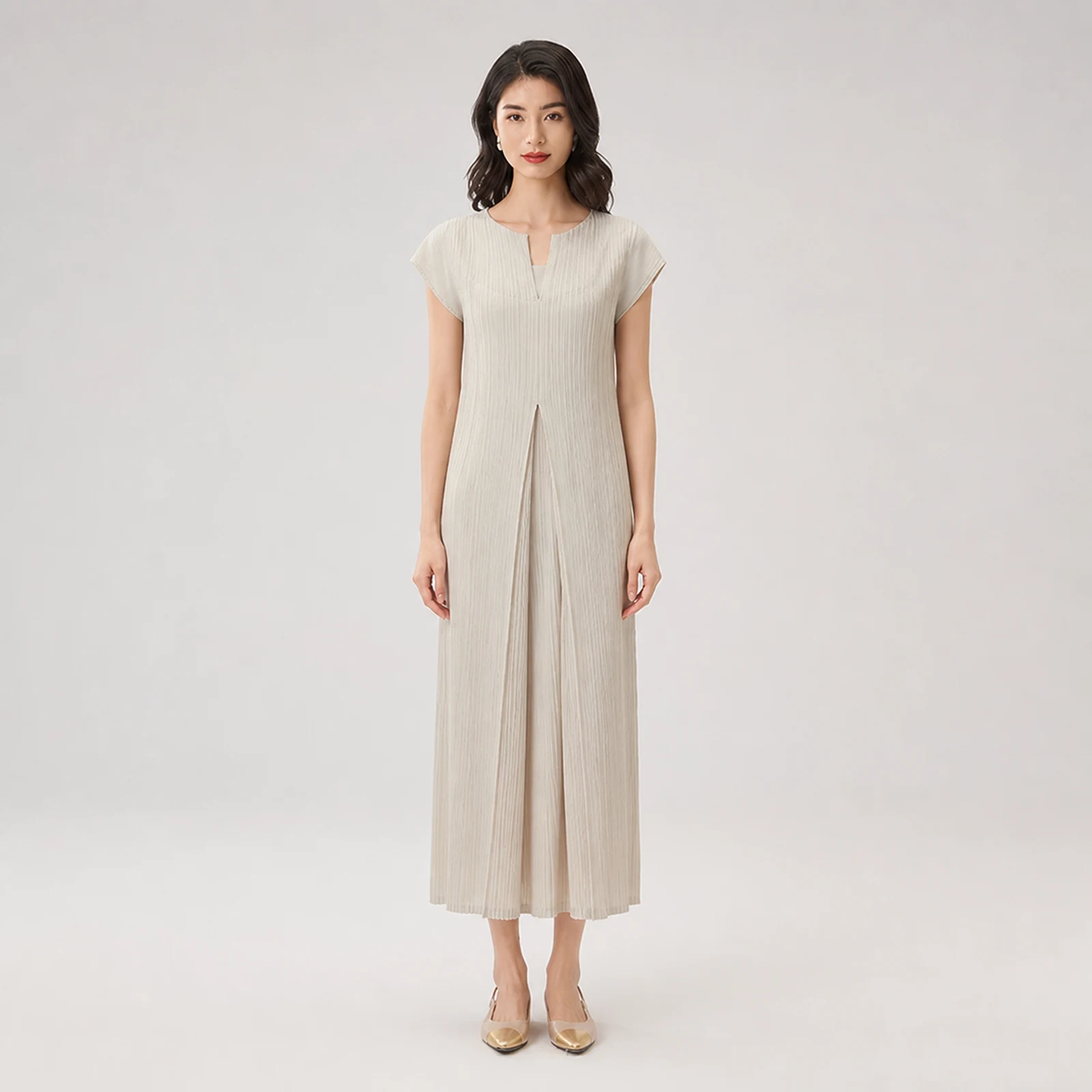 Romilly Beige Pleated Midi Dress, view 1