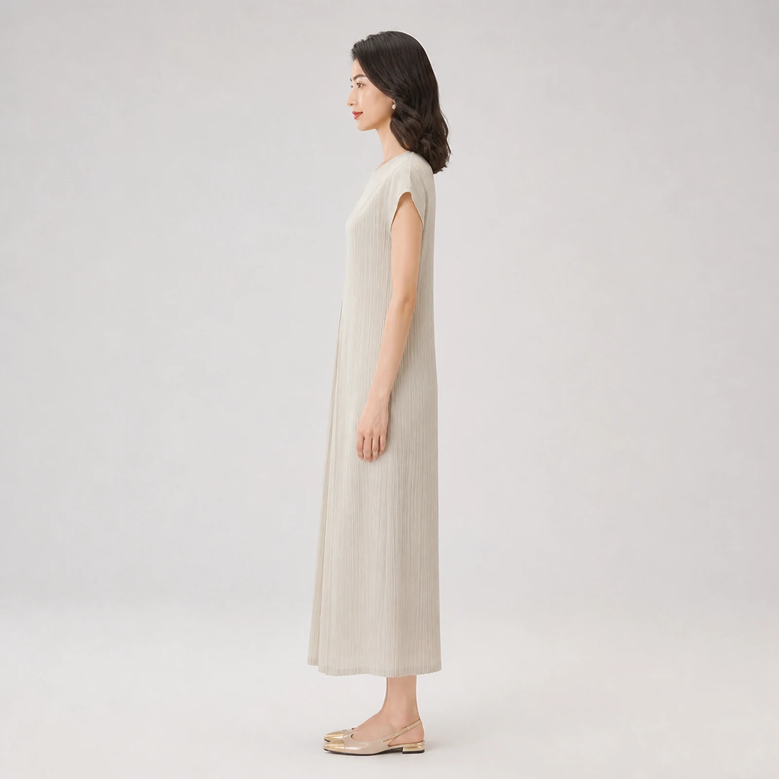 Romilly Beige Pleated Midi Dress, view 3