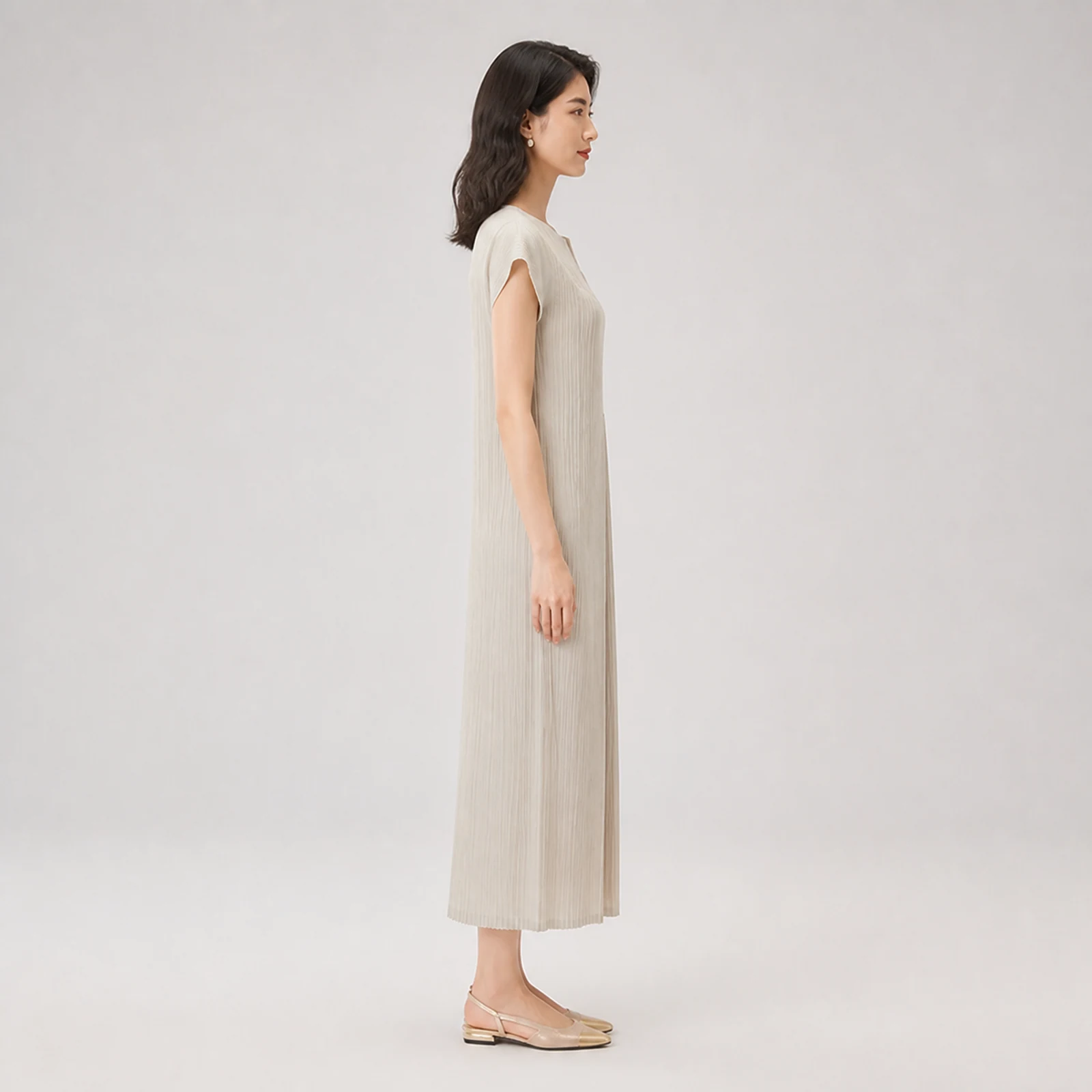 Romilly Beige Pleated Midi Dress, view 4