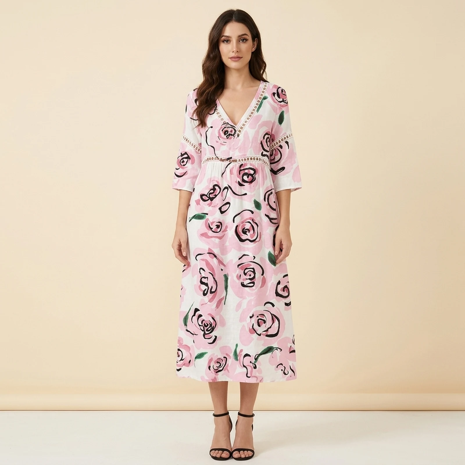 Rosalie V-Neck Print Midi Dress, view 1