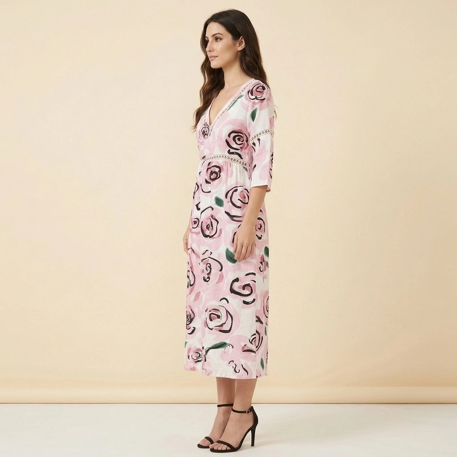 Rosalie V-Neck Print Midi Dress, view 3