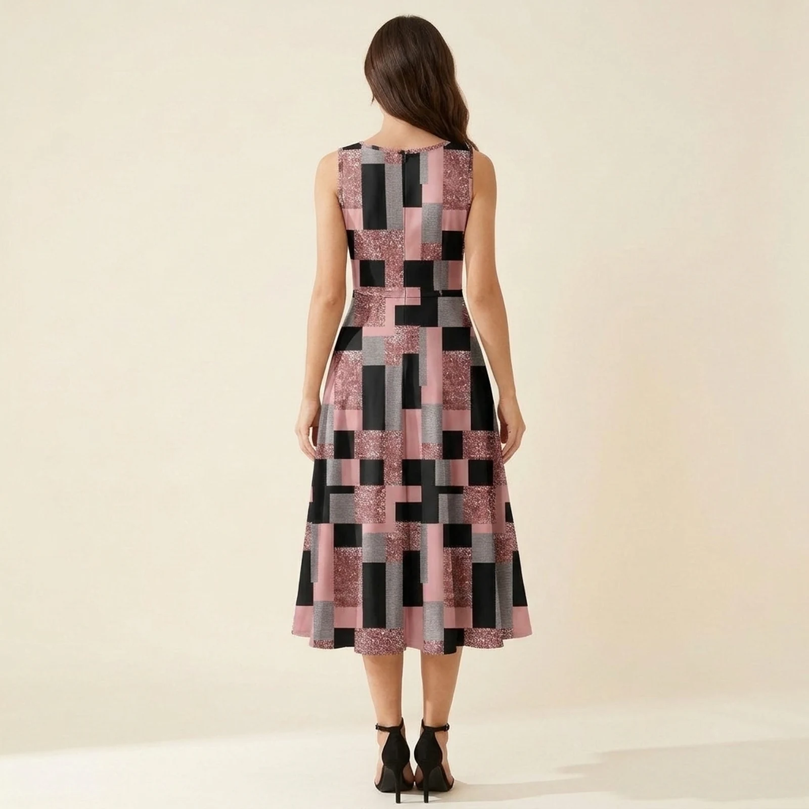 Rosé Grid Swing Midi Dress, view 2