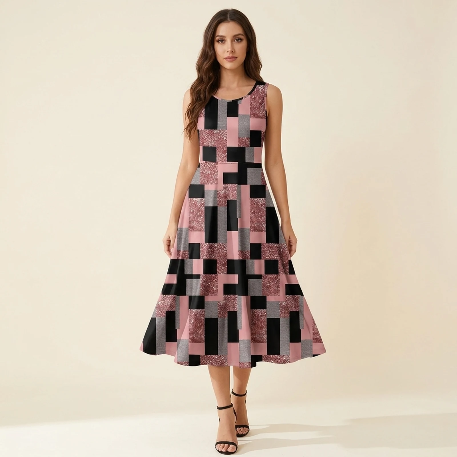 Rosé Grid Swing Midi Dress, view 1