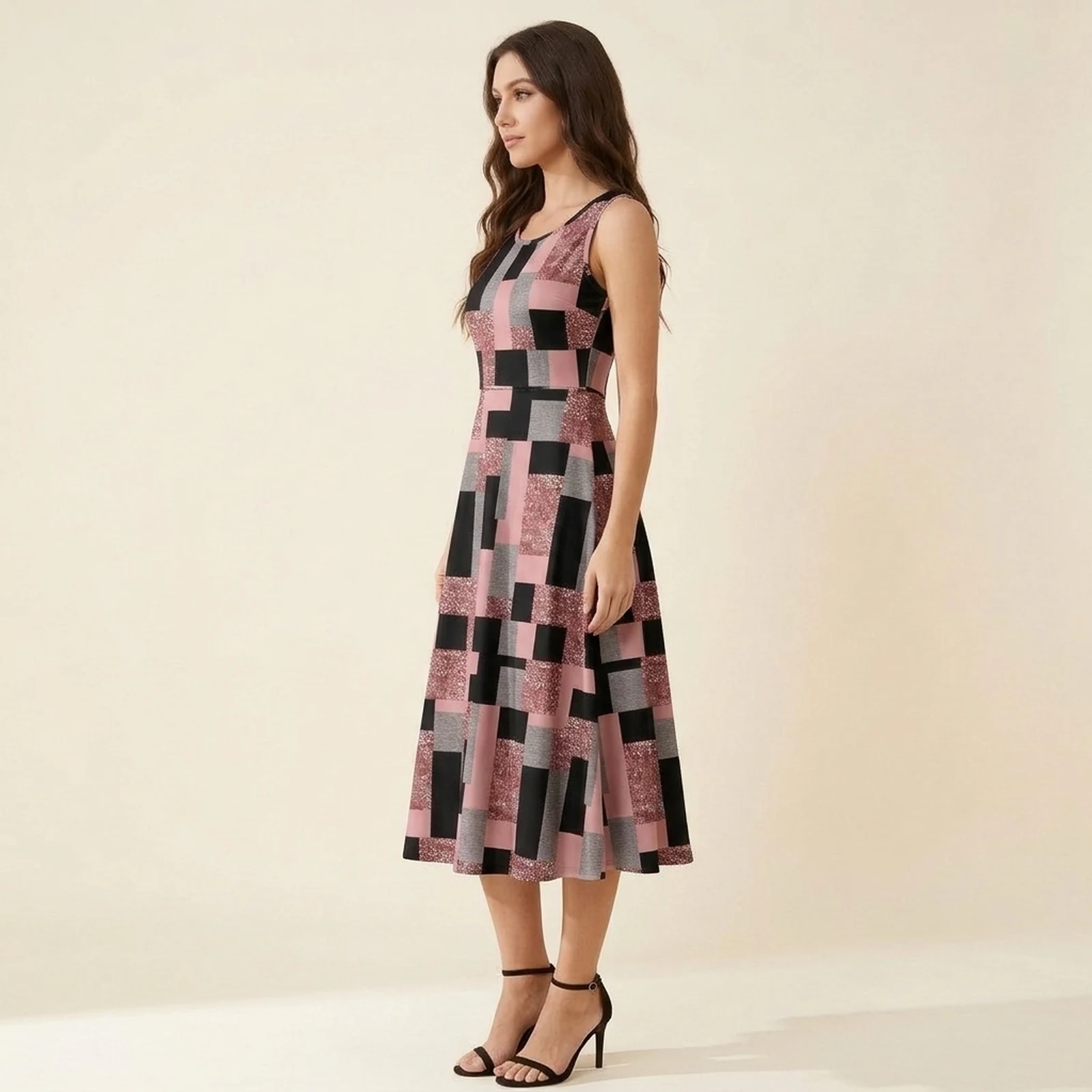 Rosé Grid Swing Midi Dress, view 3