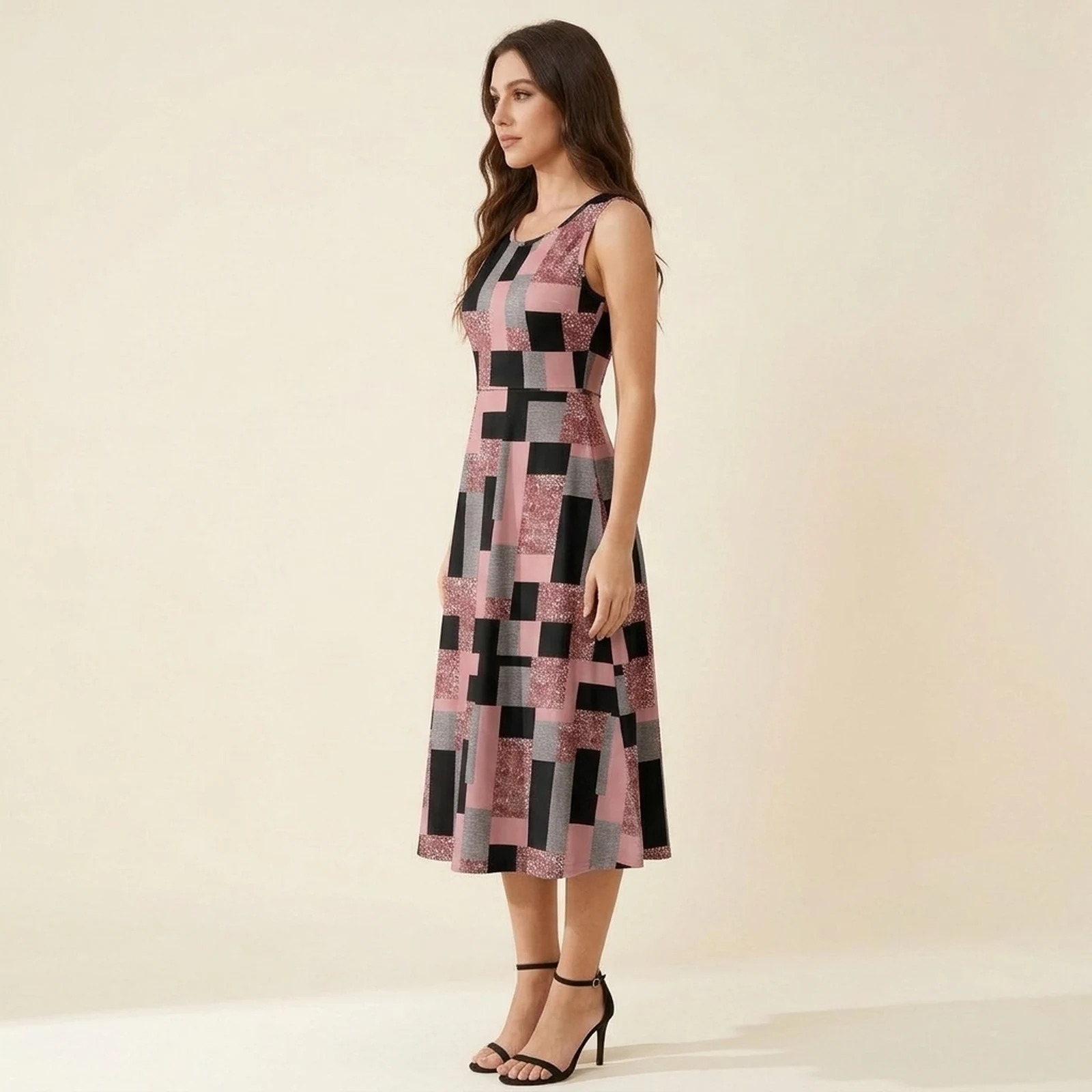 Rosé Grid Swing Midi Dress, view 4