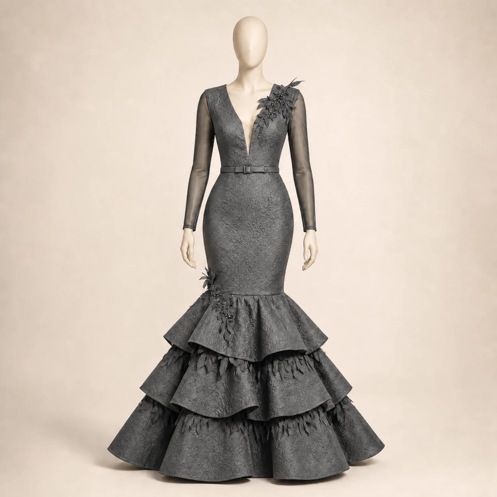 Sabine Gray Tiered Mermaid Gown, view 1