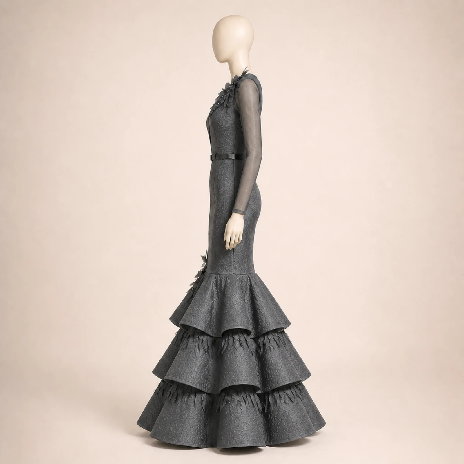 Sabine Gray Tiered Mermaid Gown, view 4