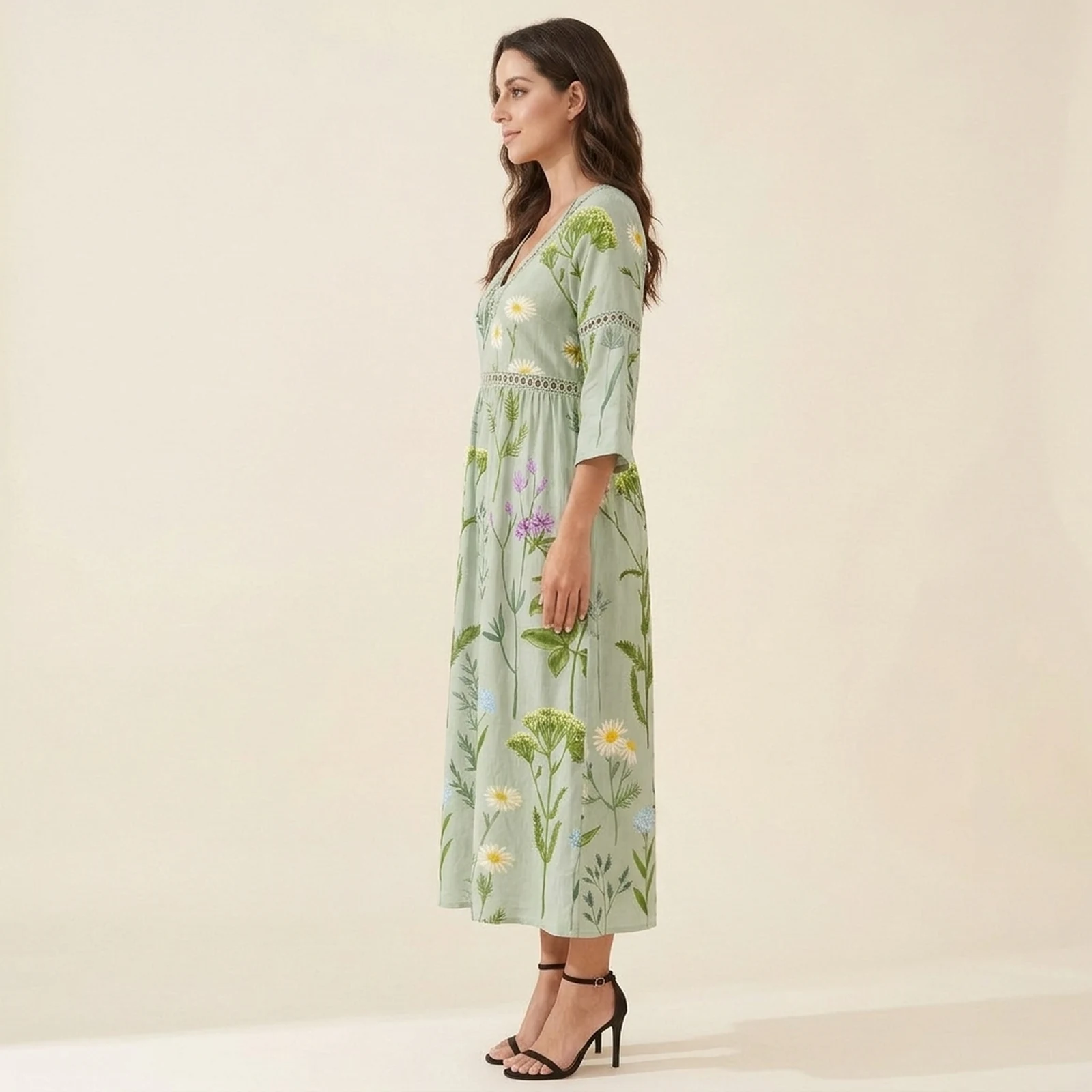 Salvia V-Neck Print Midi Dress, view 3