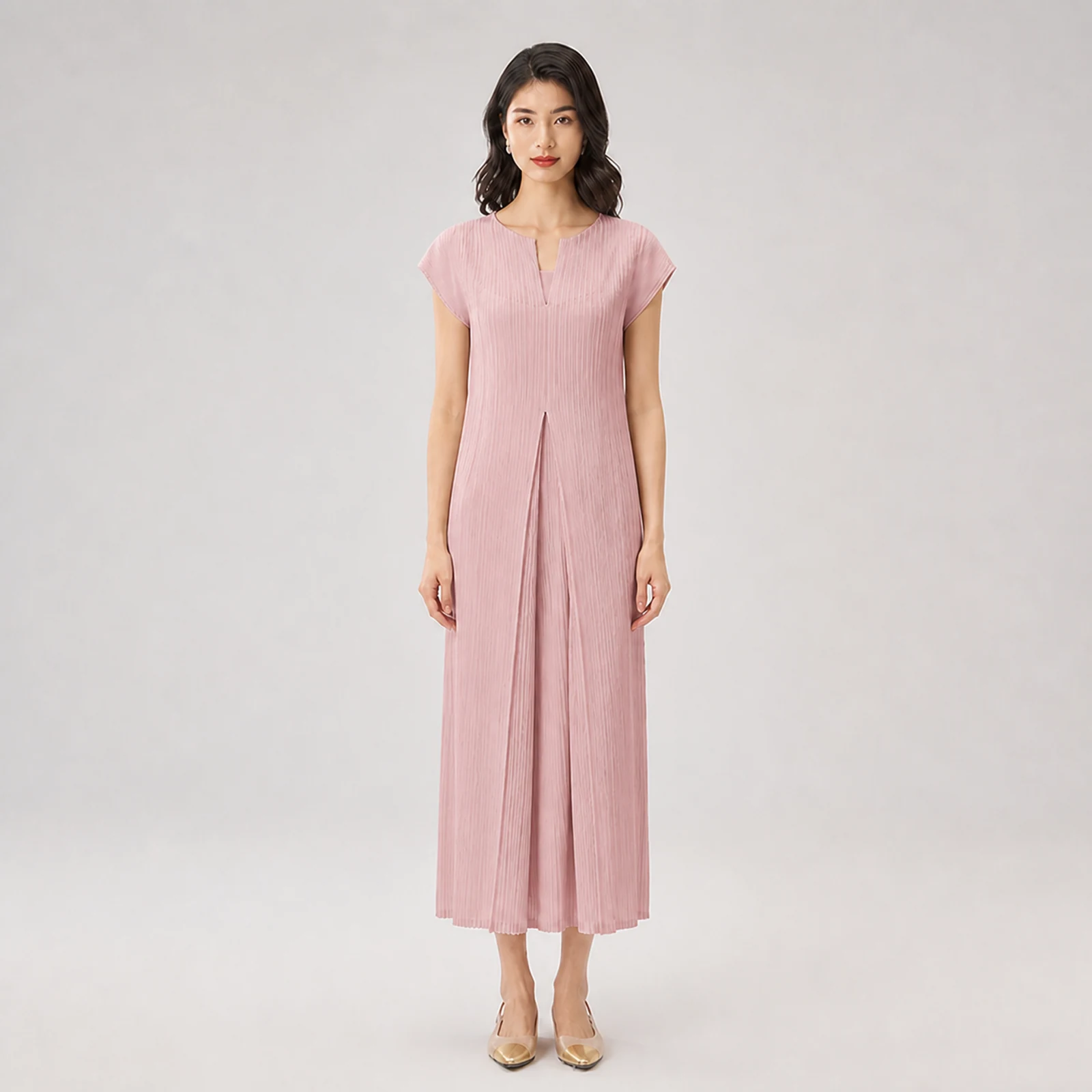 Selene Pink Pleated Midi Dress, view 1