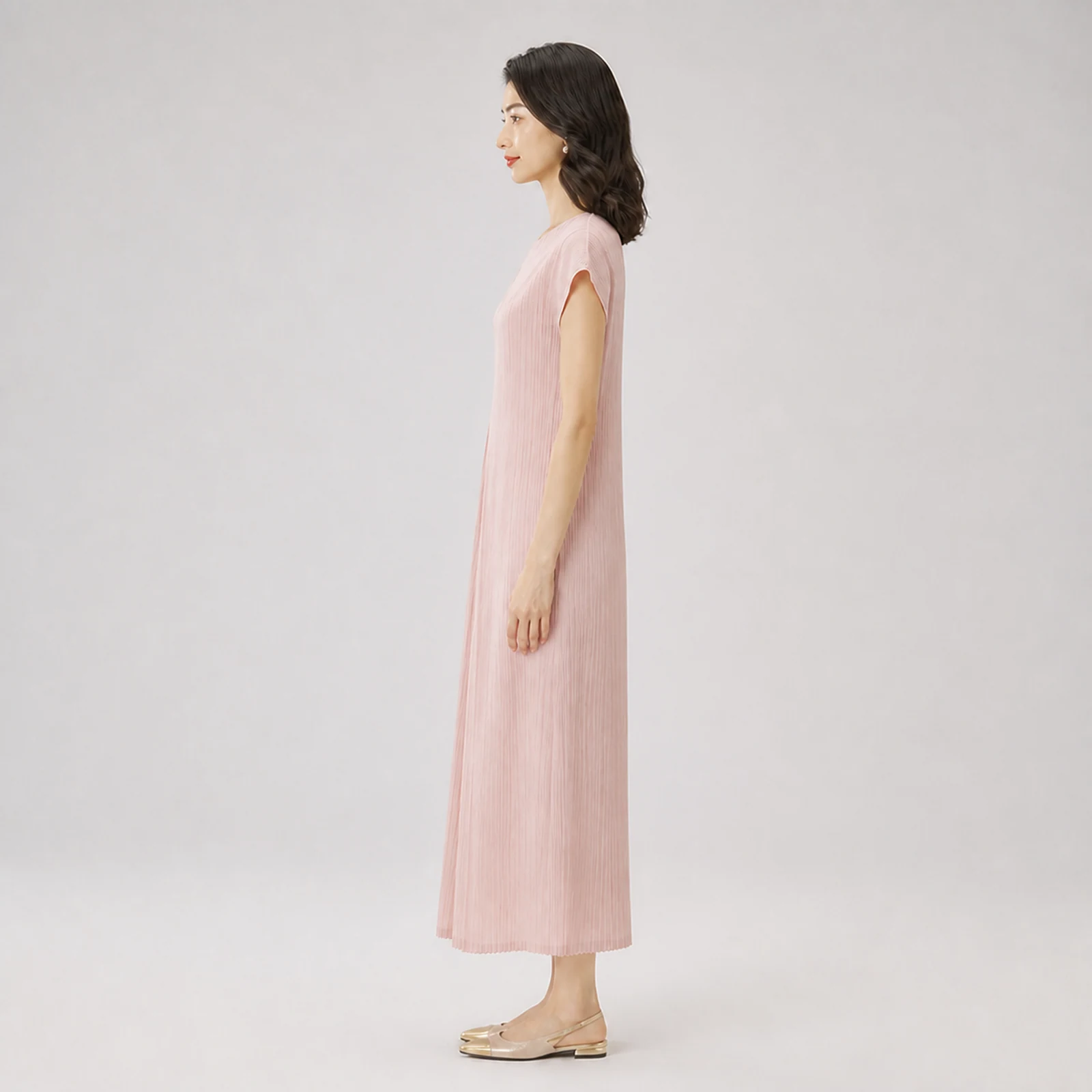 Selene Pink Pleated Midi Dress, view 3