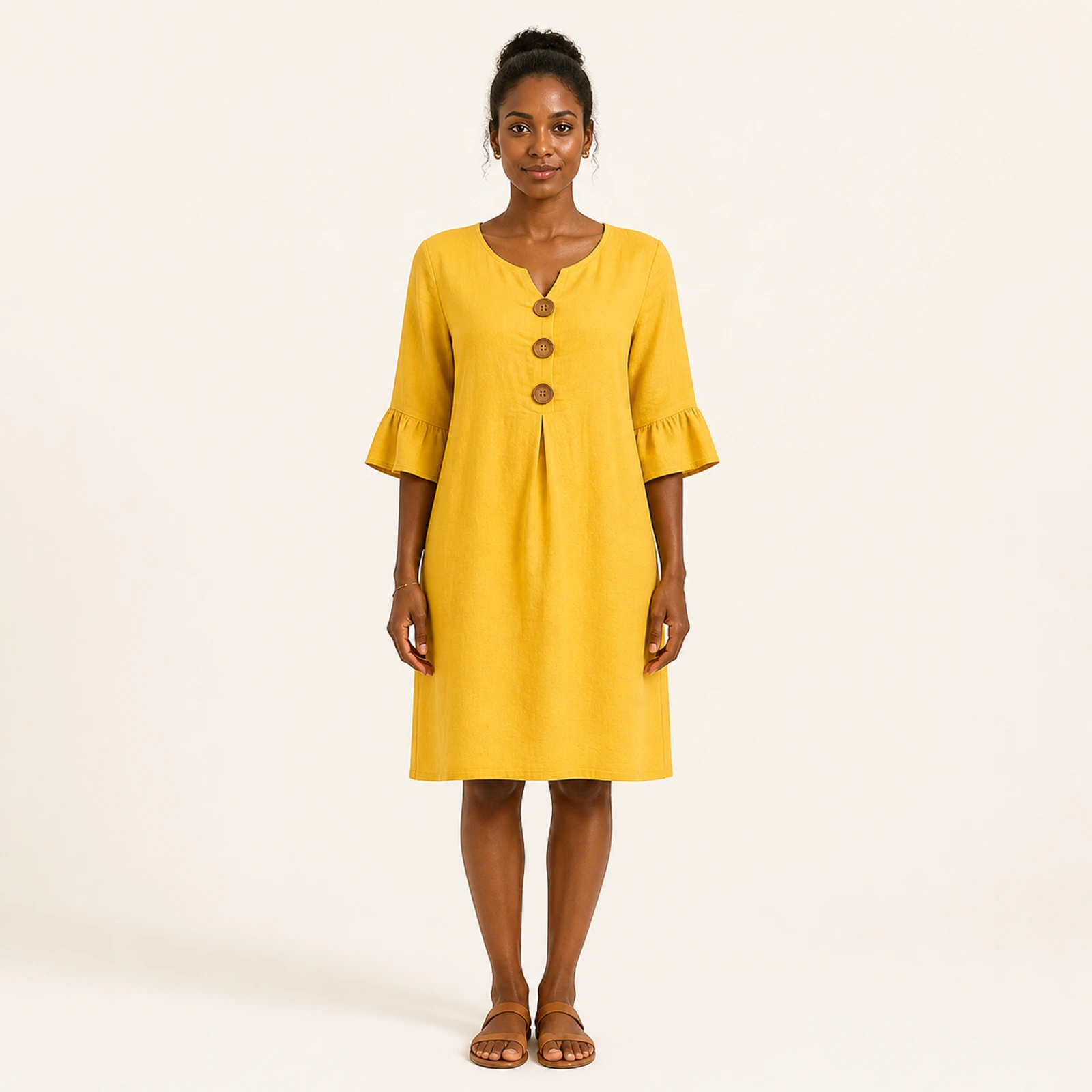 Soleil Golden Linen Button Dress, view 1