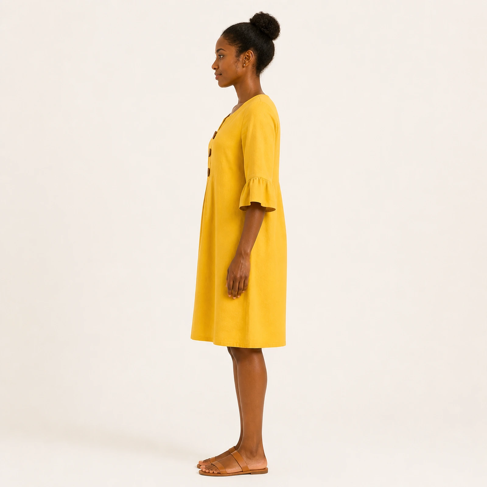 Soleil Golden Linen Button Dress, view 3
