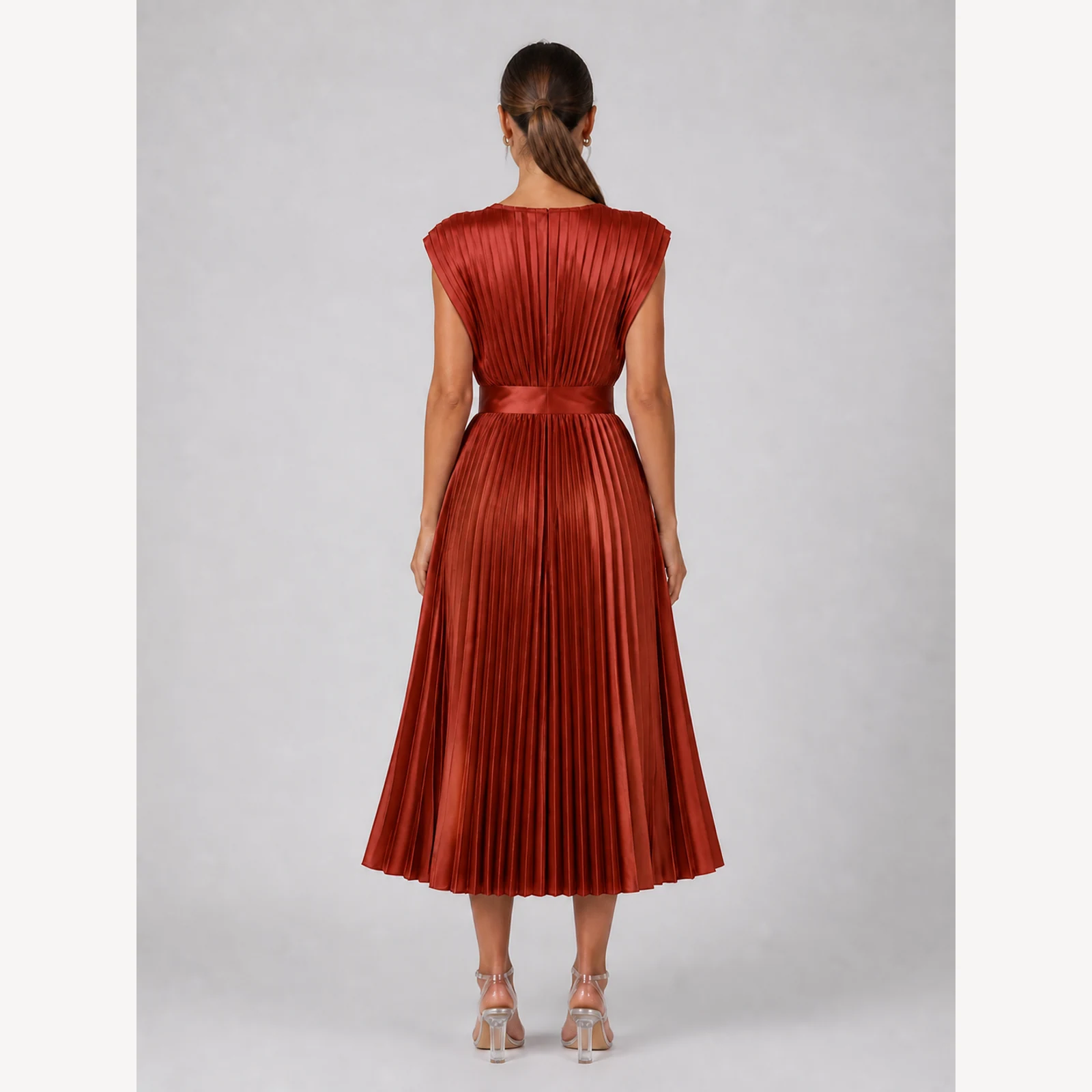 Tatiana Brick Red Pleated Midi Dress, view 2