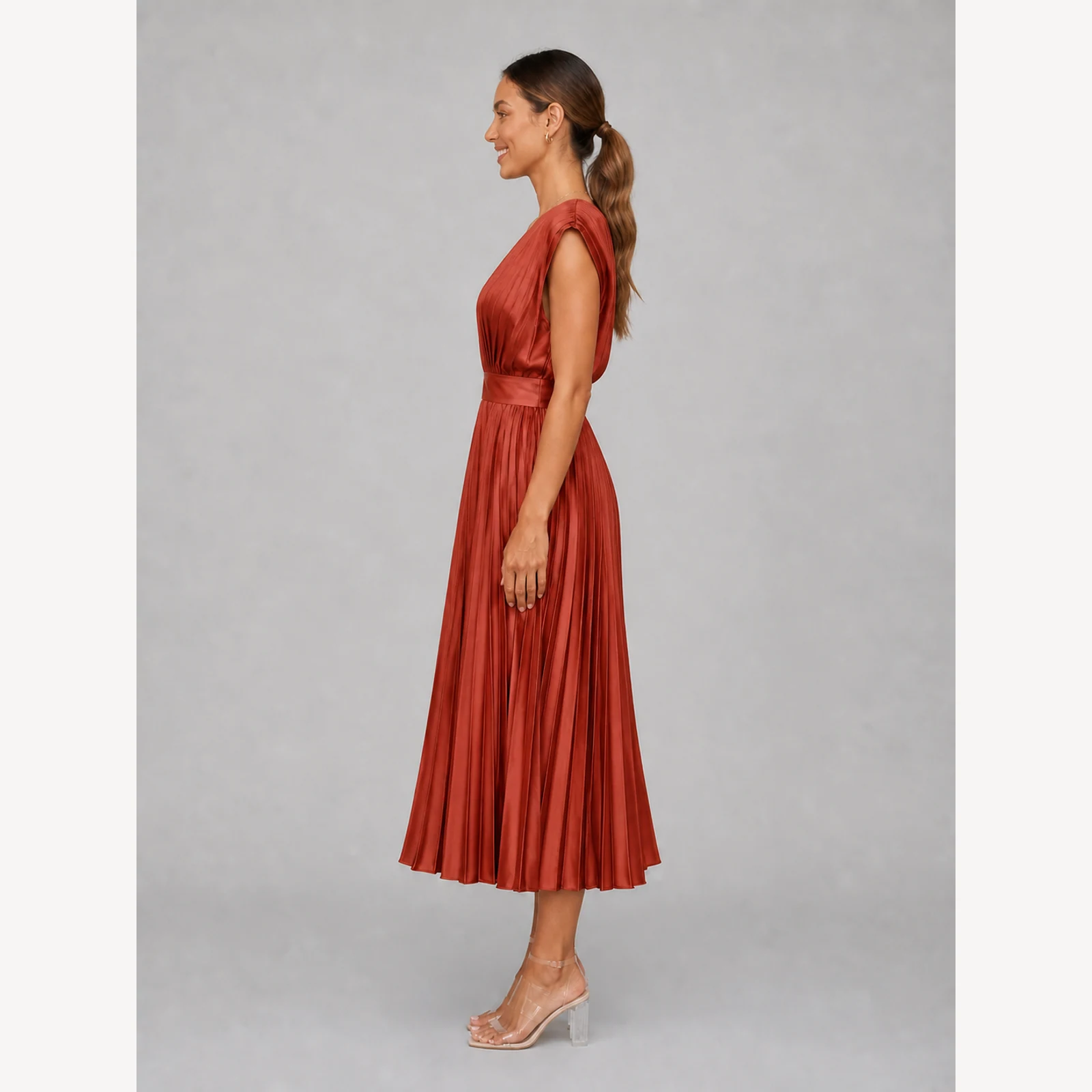 Tatiana Brick Red Pleated Midi Dress, view 3