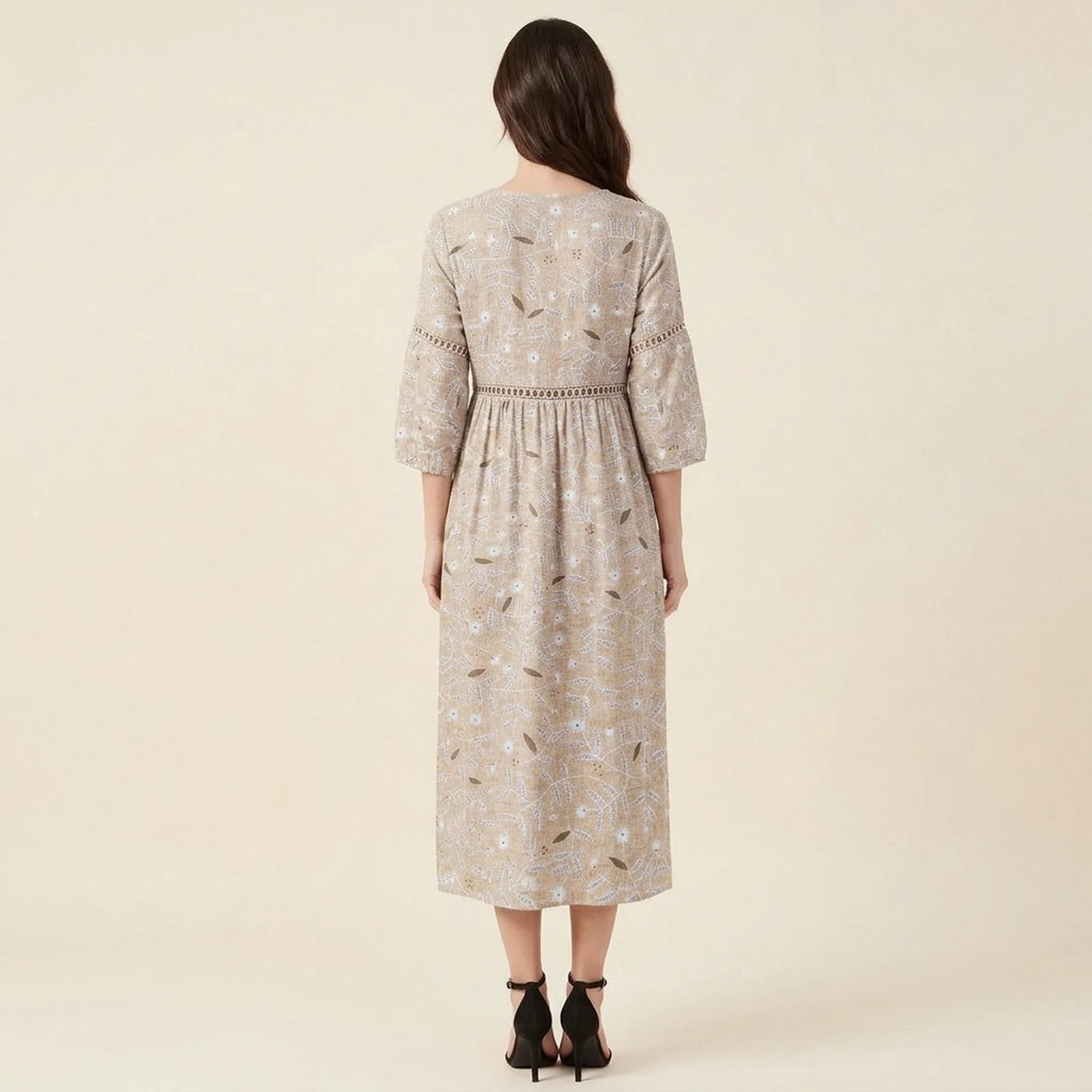 Taupe V-Neck Print Midi Dress, view 2
