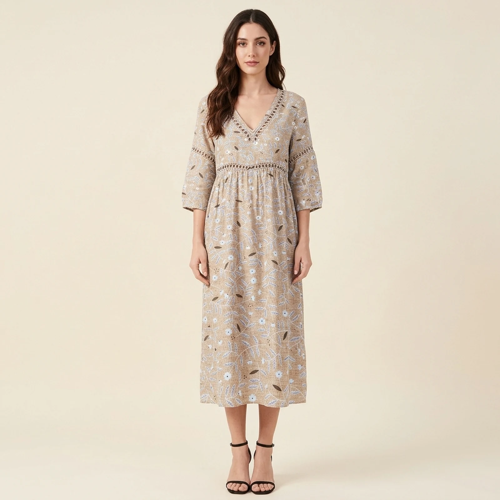 Taupe V-Neck Print Midi Dress, view 1
