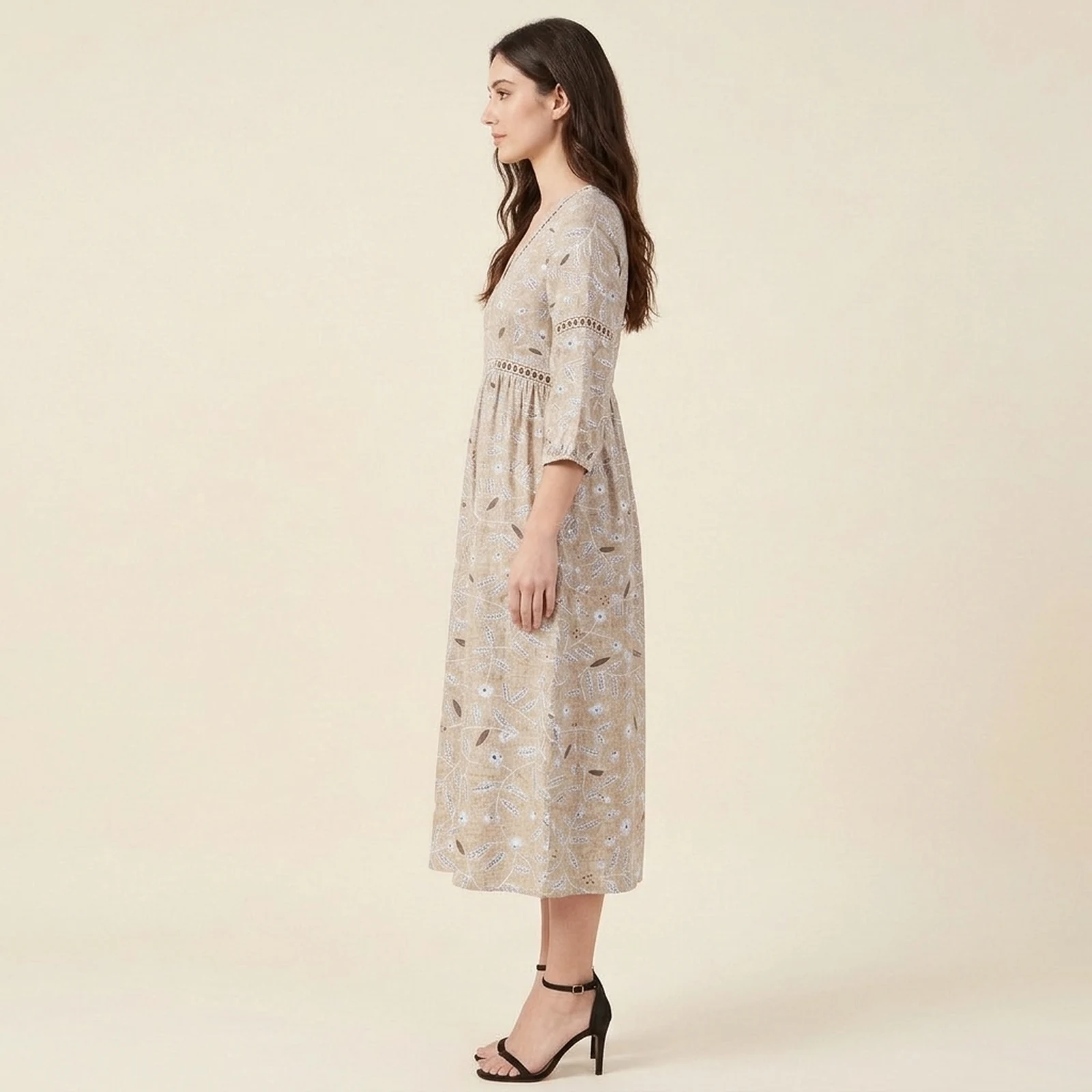 Taupe V-Neck Print Midi Dress, view 3