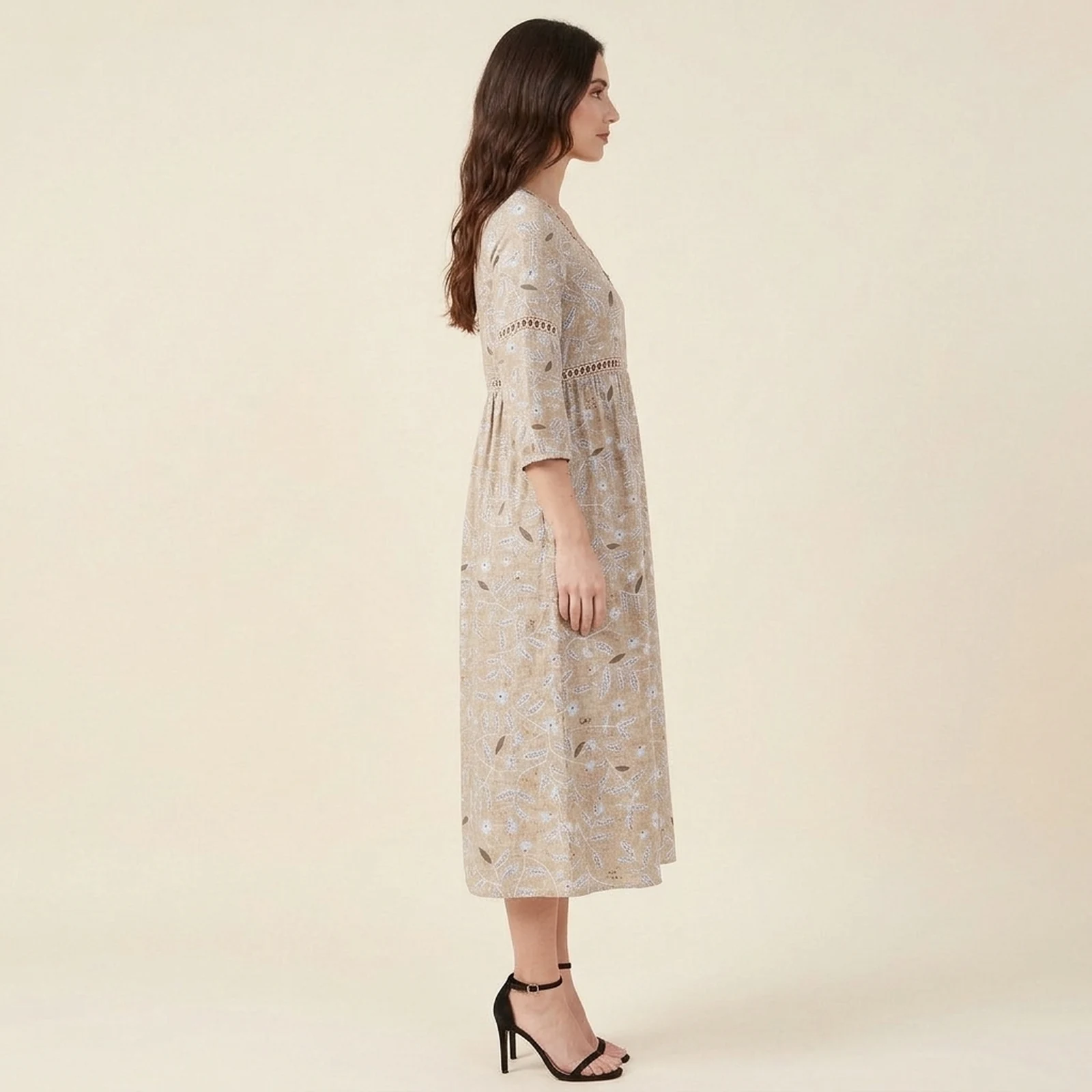 Taupe V-Neck Print Midi Dress, view 4