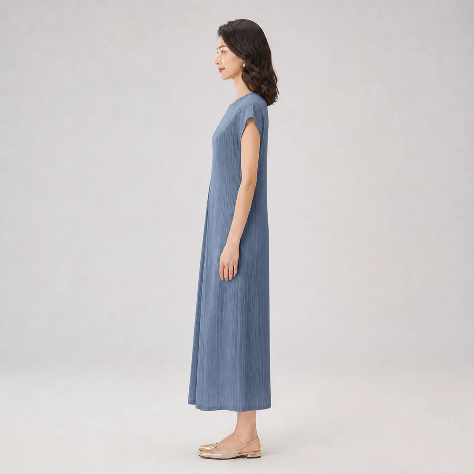 Thalia Blue Pleated Midi Dress, view 3