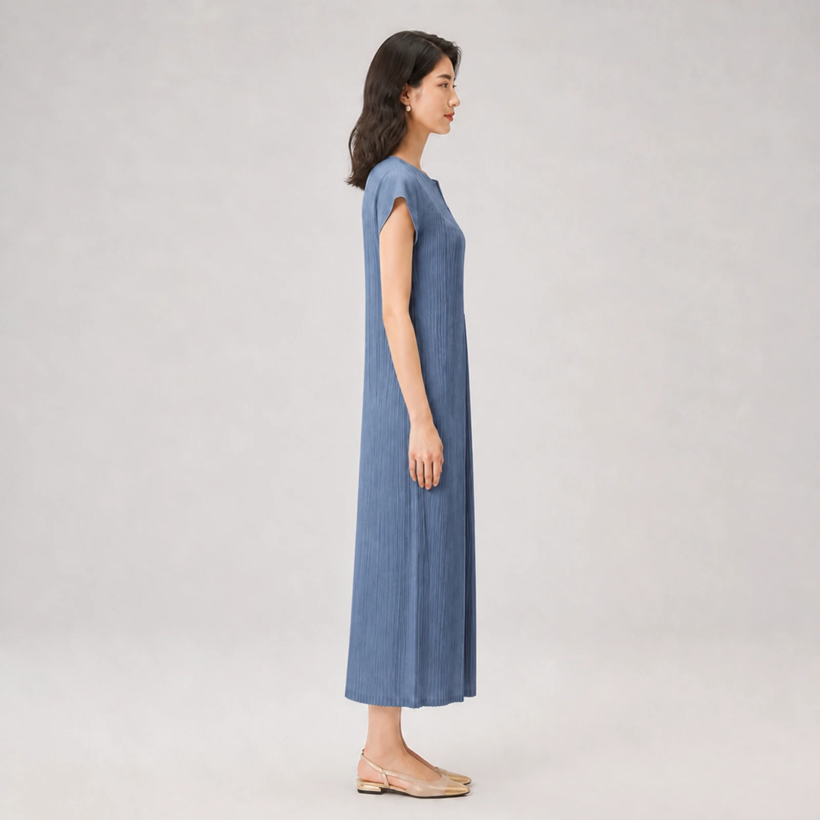 Thalia Blue Pleated Midi Dress, view 4