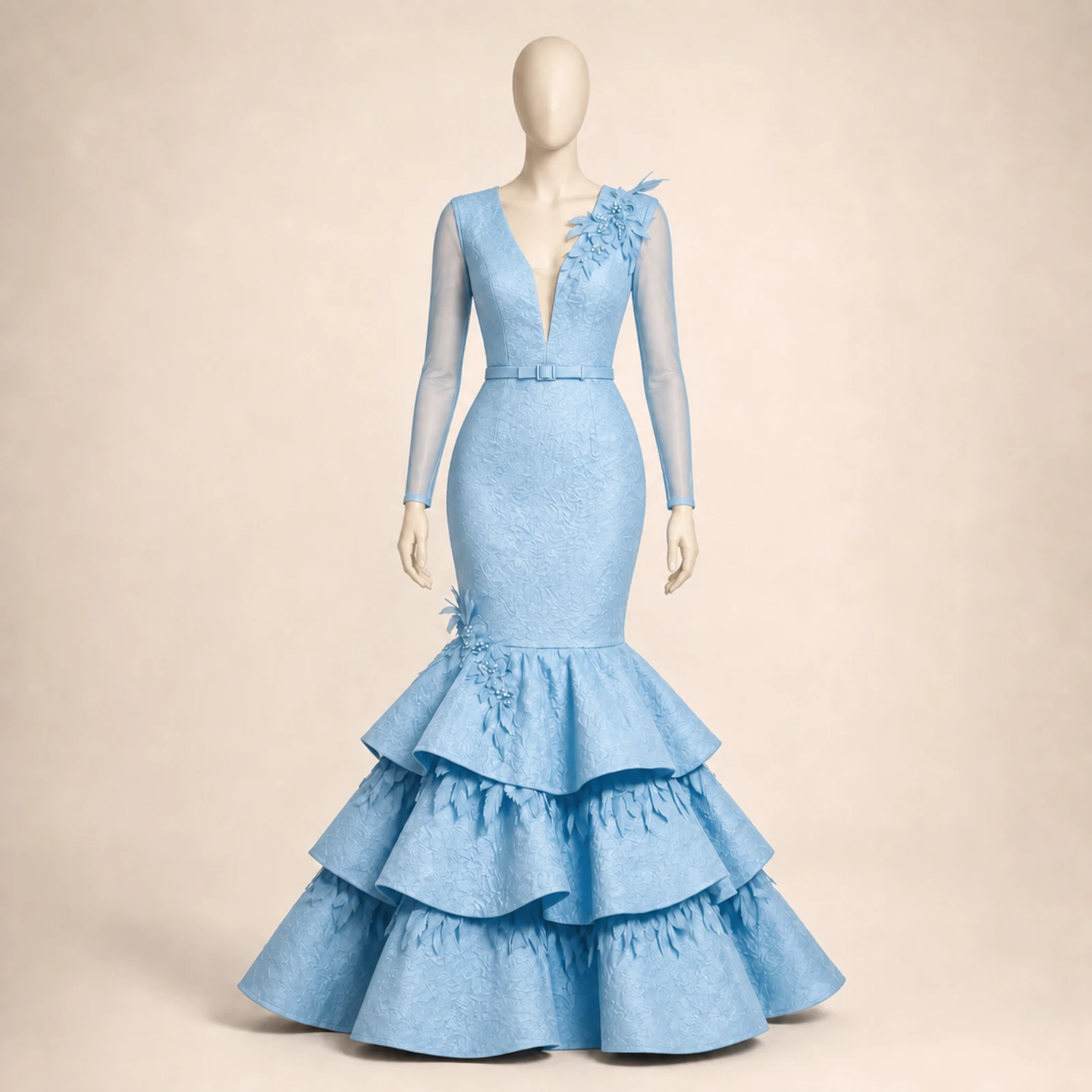 Umbria Sky Blue Tiered Mermaid Gown, view 1
