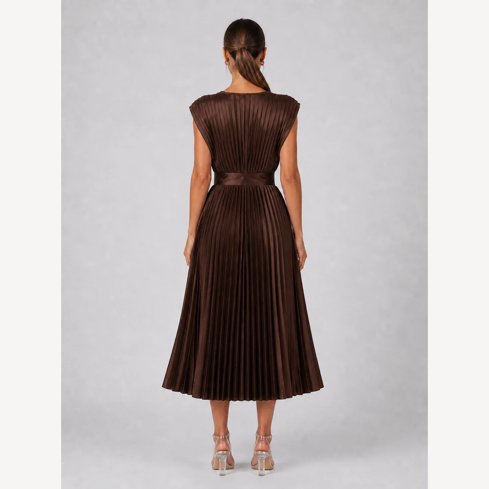 Valencia Brown Pleated Midi Dress, view 2