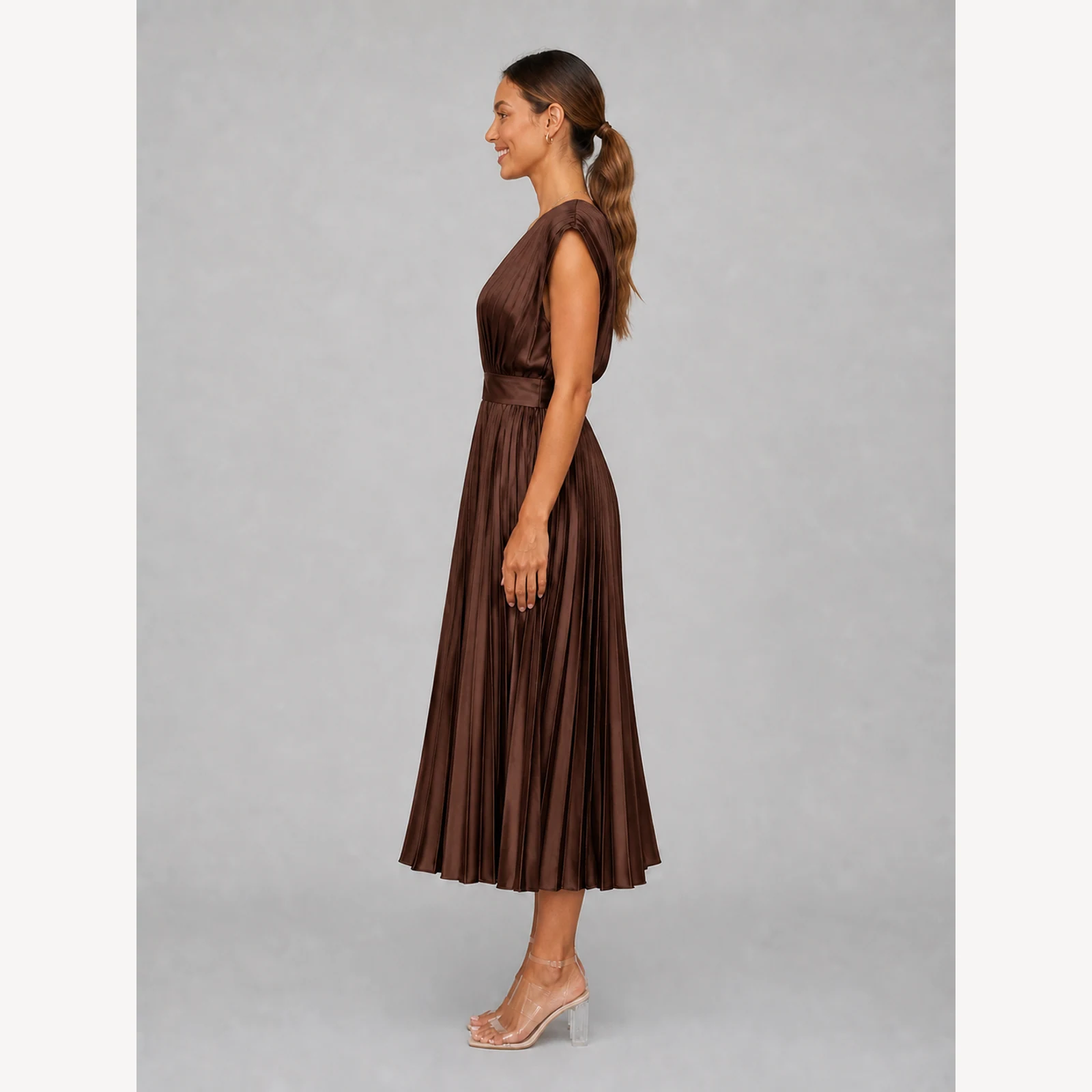 Valencia Brown Pleated Midi Dress, view 3