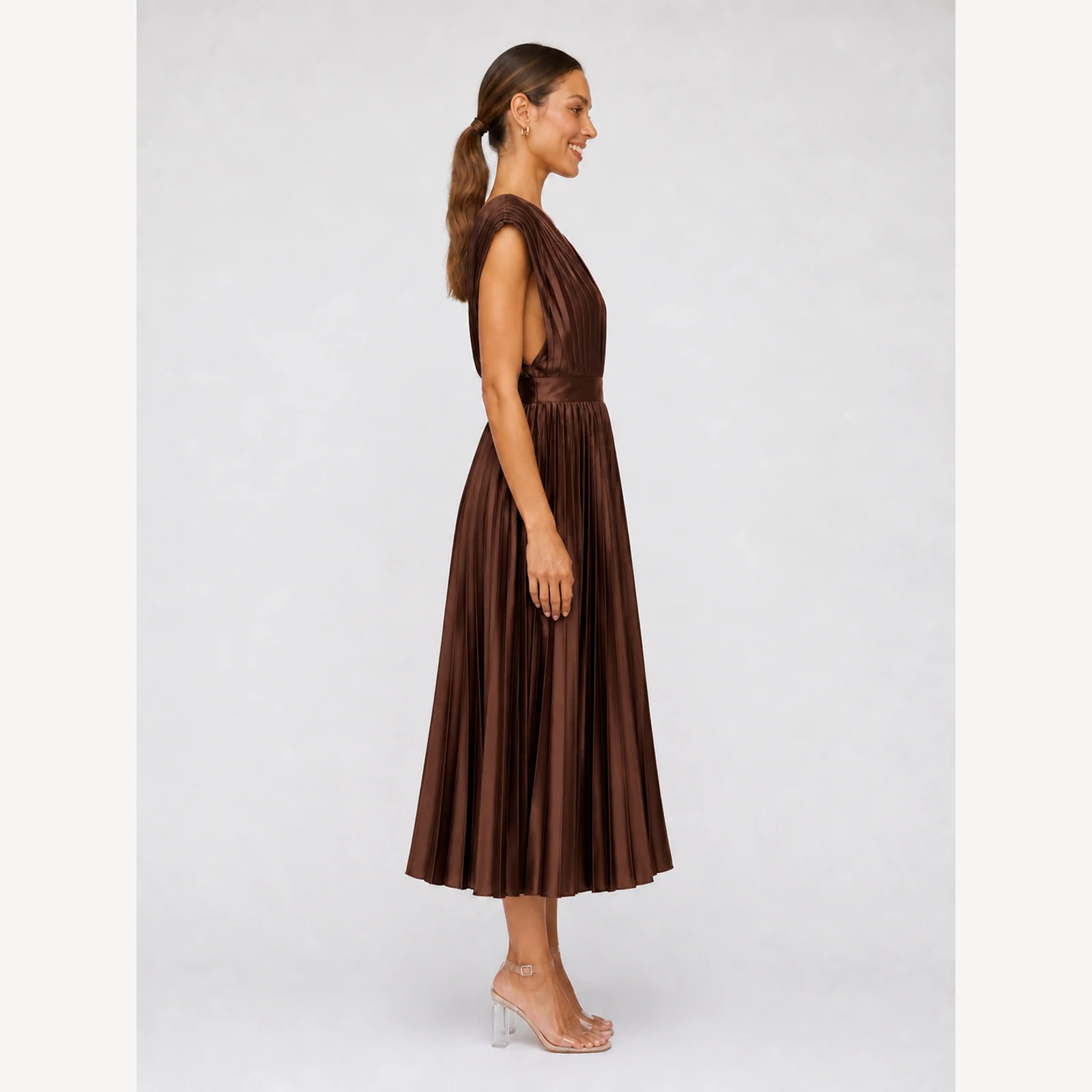 Valencia Brown Pleated Midi Dress, view 4