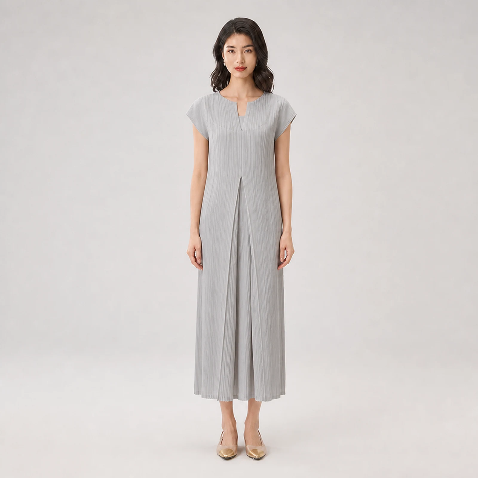 Vienna Gray Pleated Midi Dress, view 1