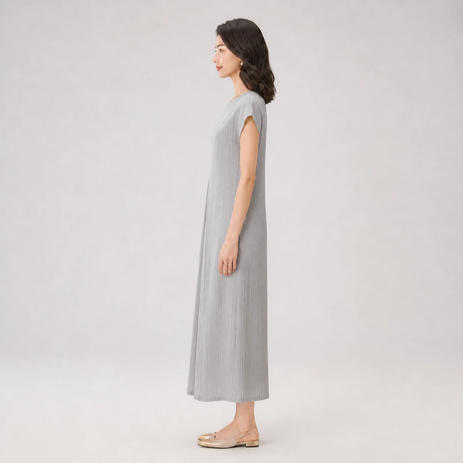 Vienna Gray Pleated Midi Dress, view 3