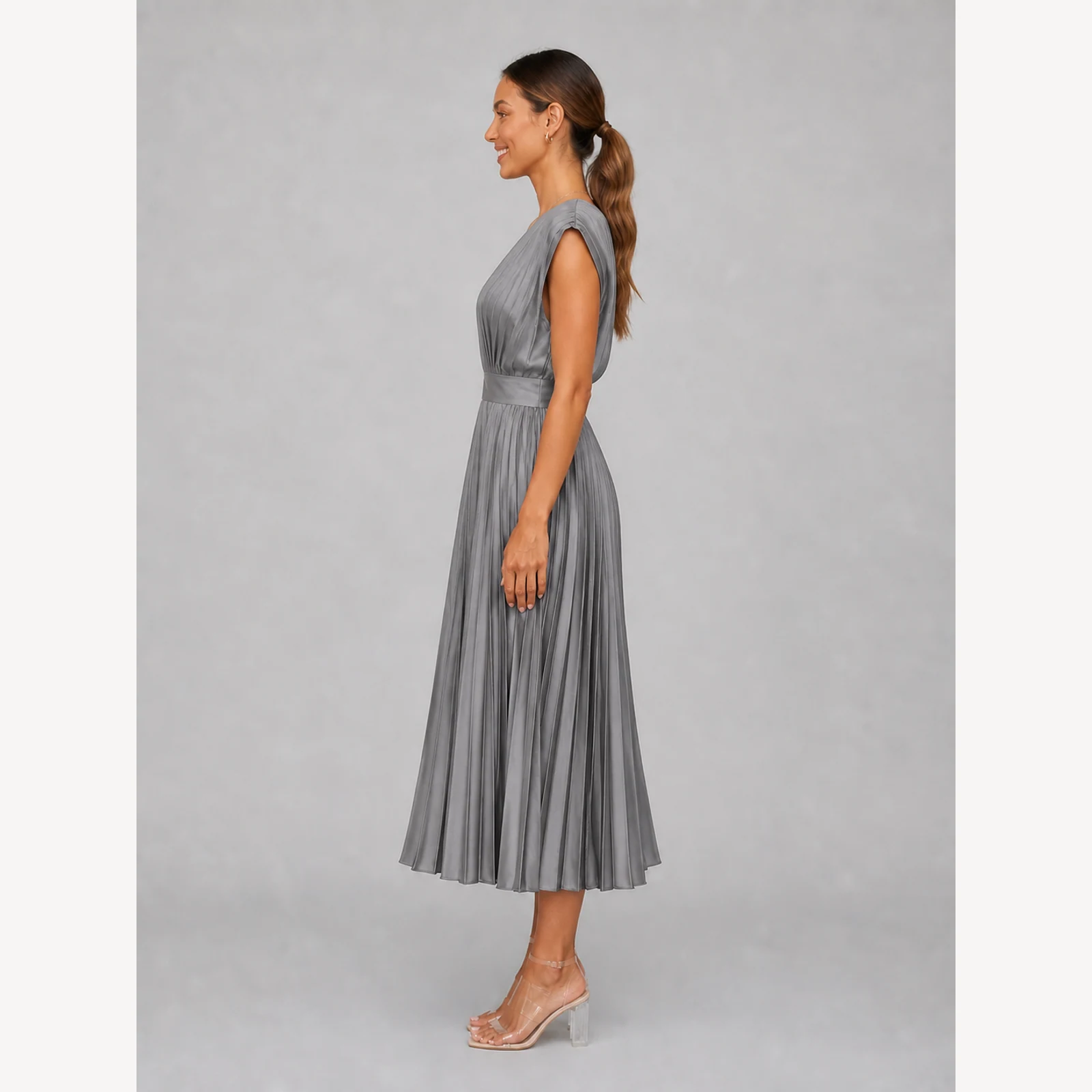 Winona Gray Pleated Midi Dress, view 3