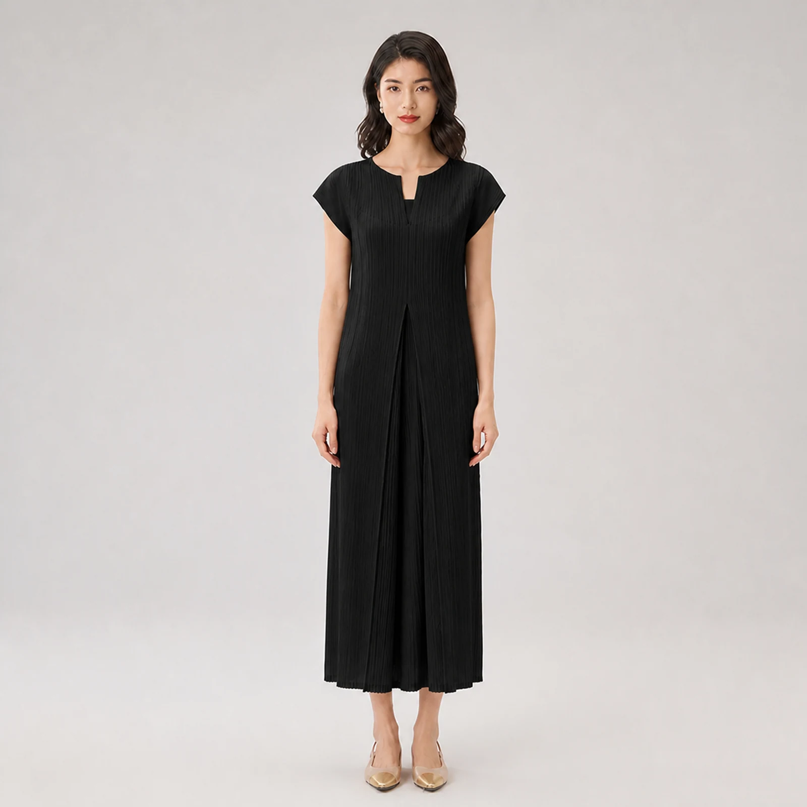 Winslet Black Pleated Midi Dress, view 1