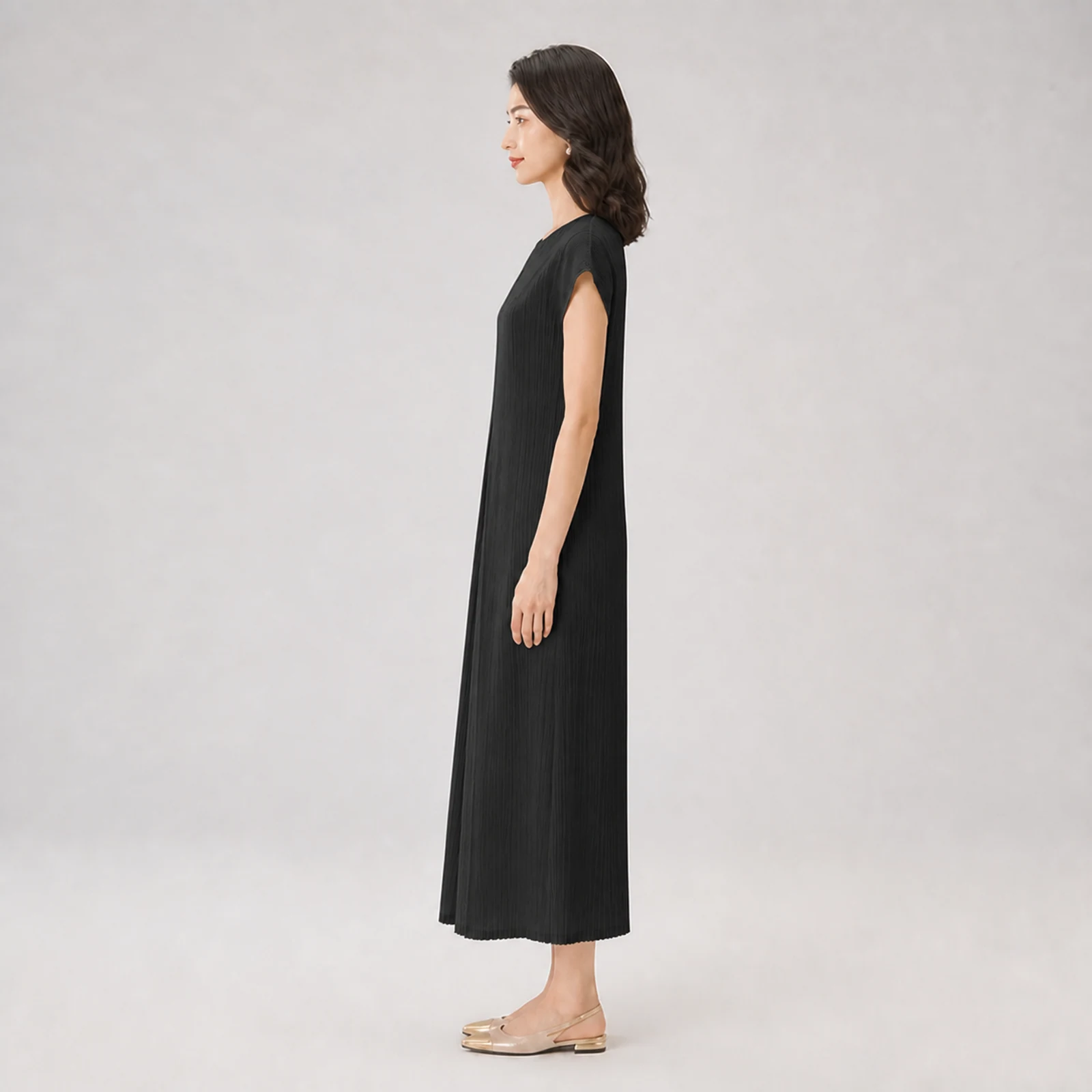 Winslet Black Pleated Midi Dress, view 3