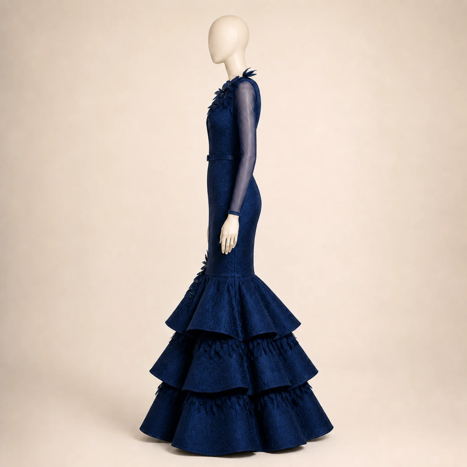 Xenia Navy Tiered Mermaid Gown, view 3