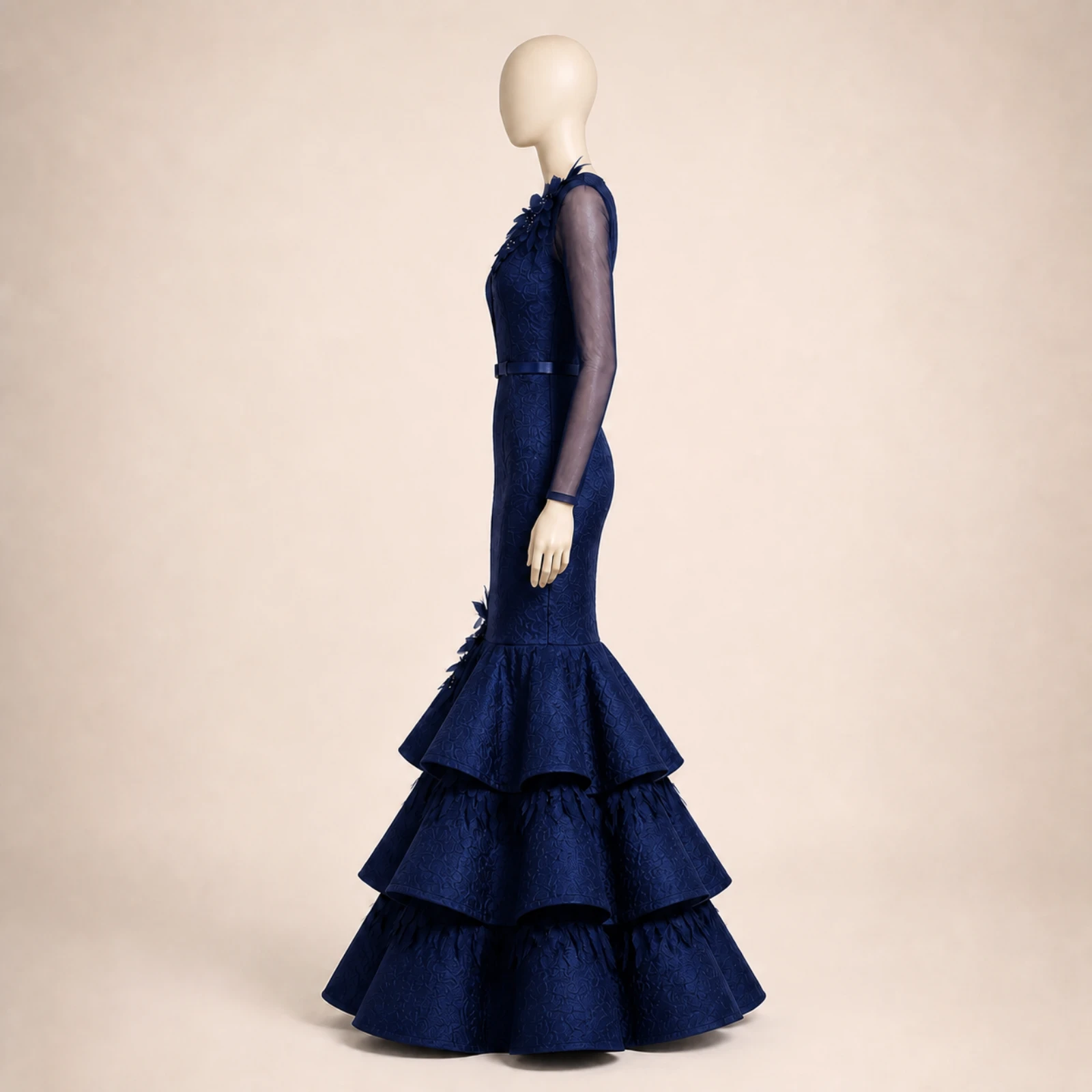 Xenia Navy Tiered Mermaid Gown, view 4