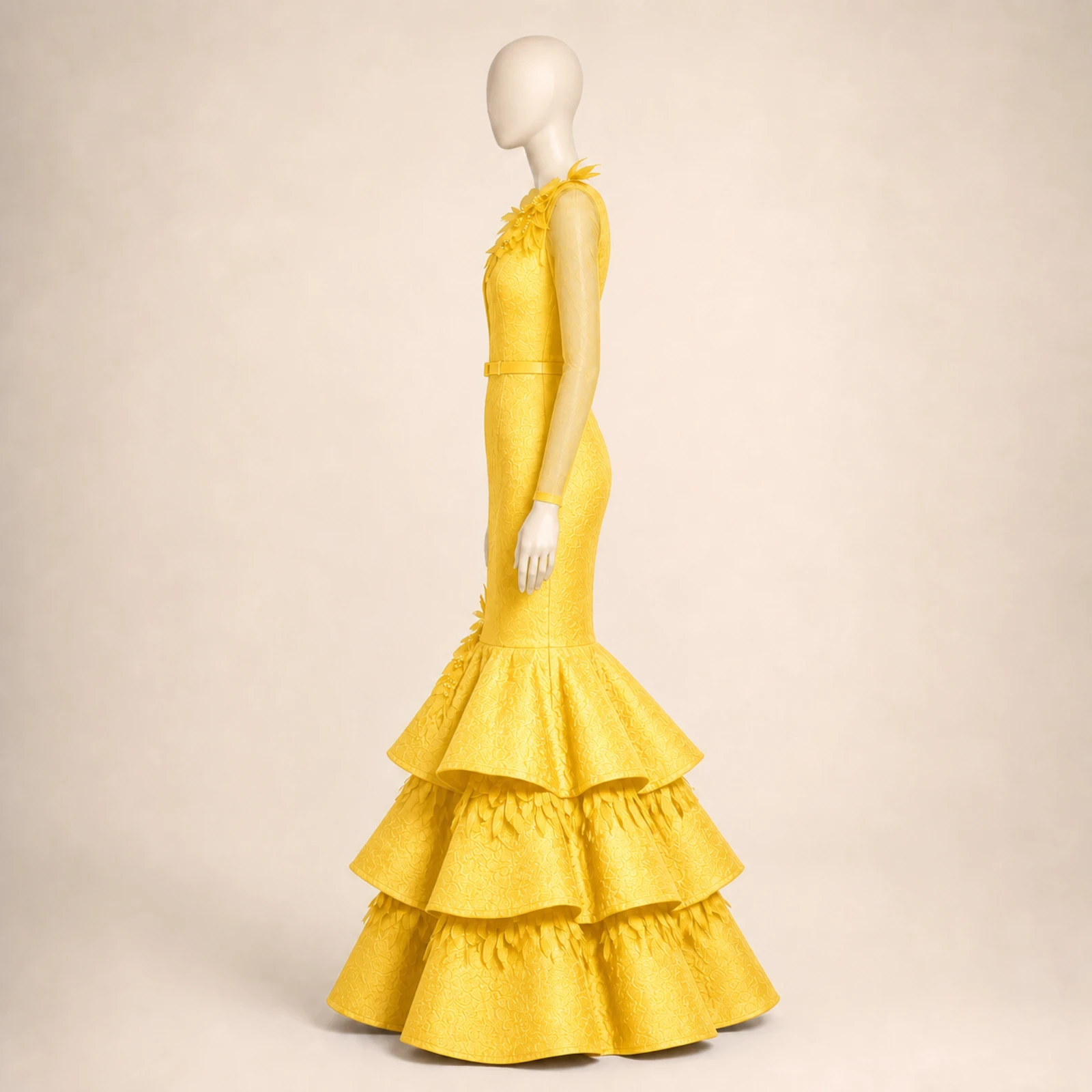 Yvette Yellow Tiered Mermaid Gown, view 3