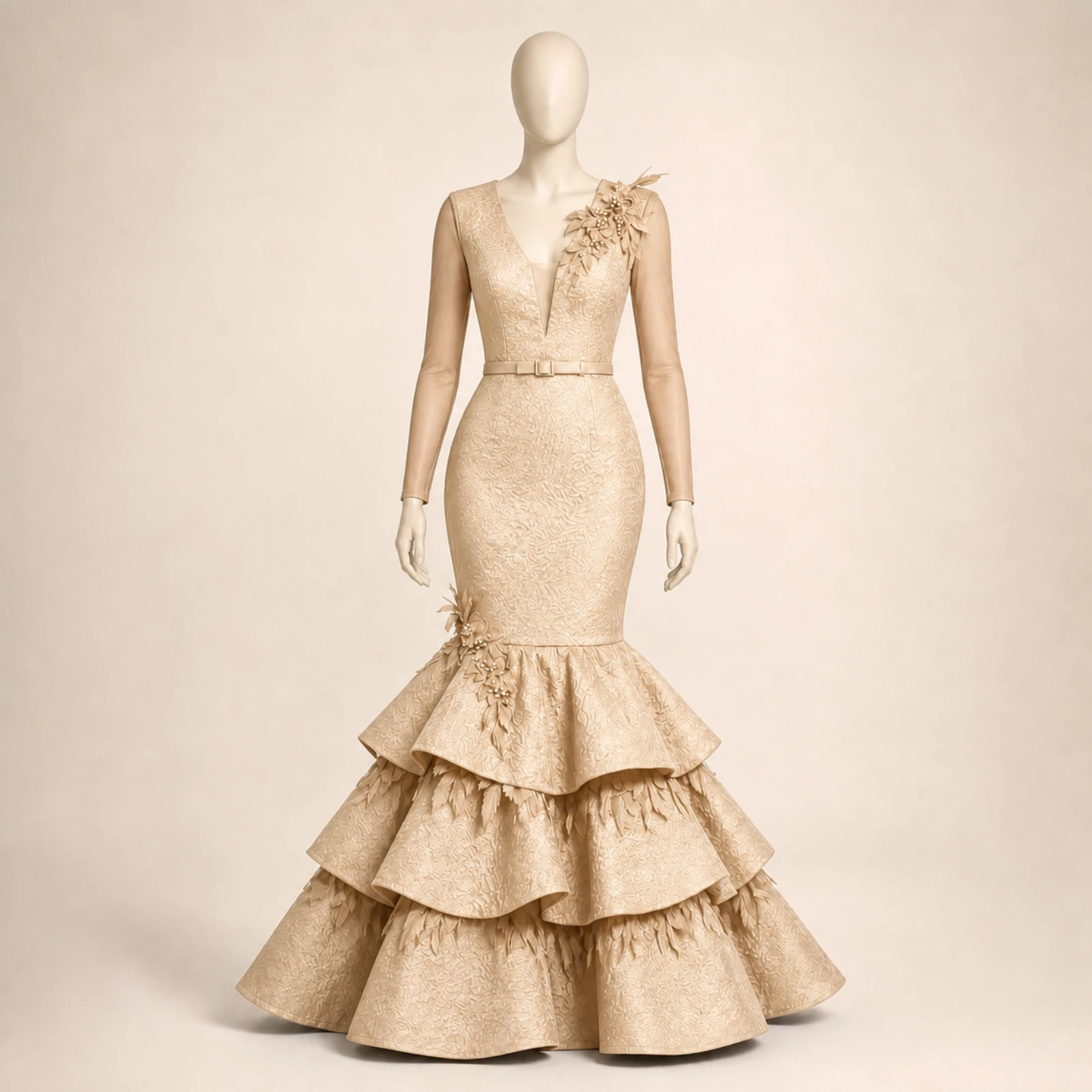 Zahara Champagne Tiered Mermaid Gown, view 1