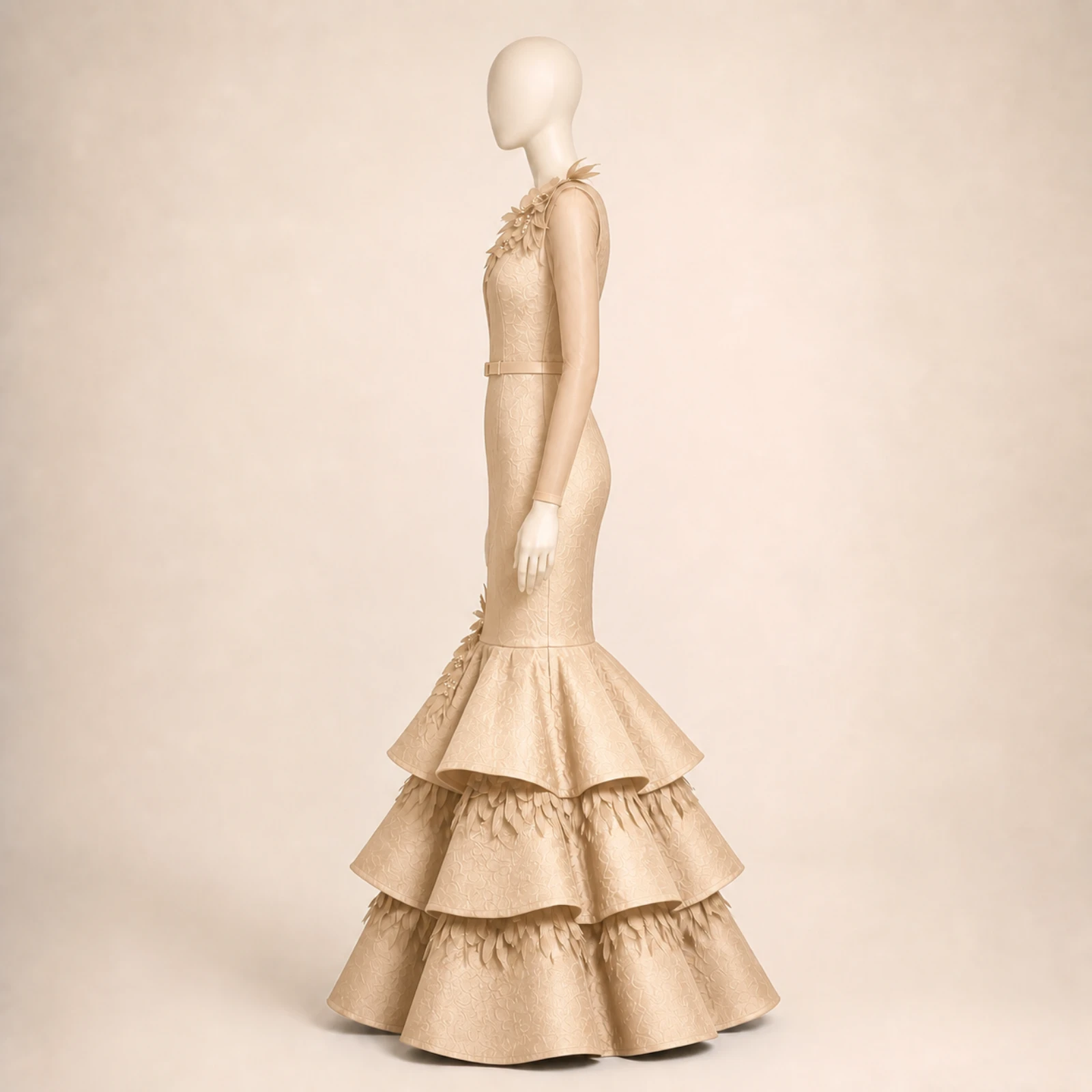 Zahara Champagne Tiered Mermaid Gown, view 3