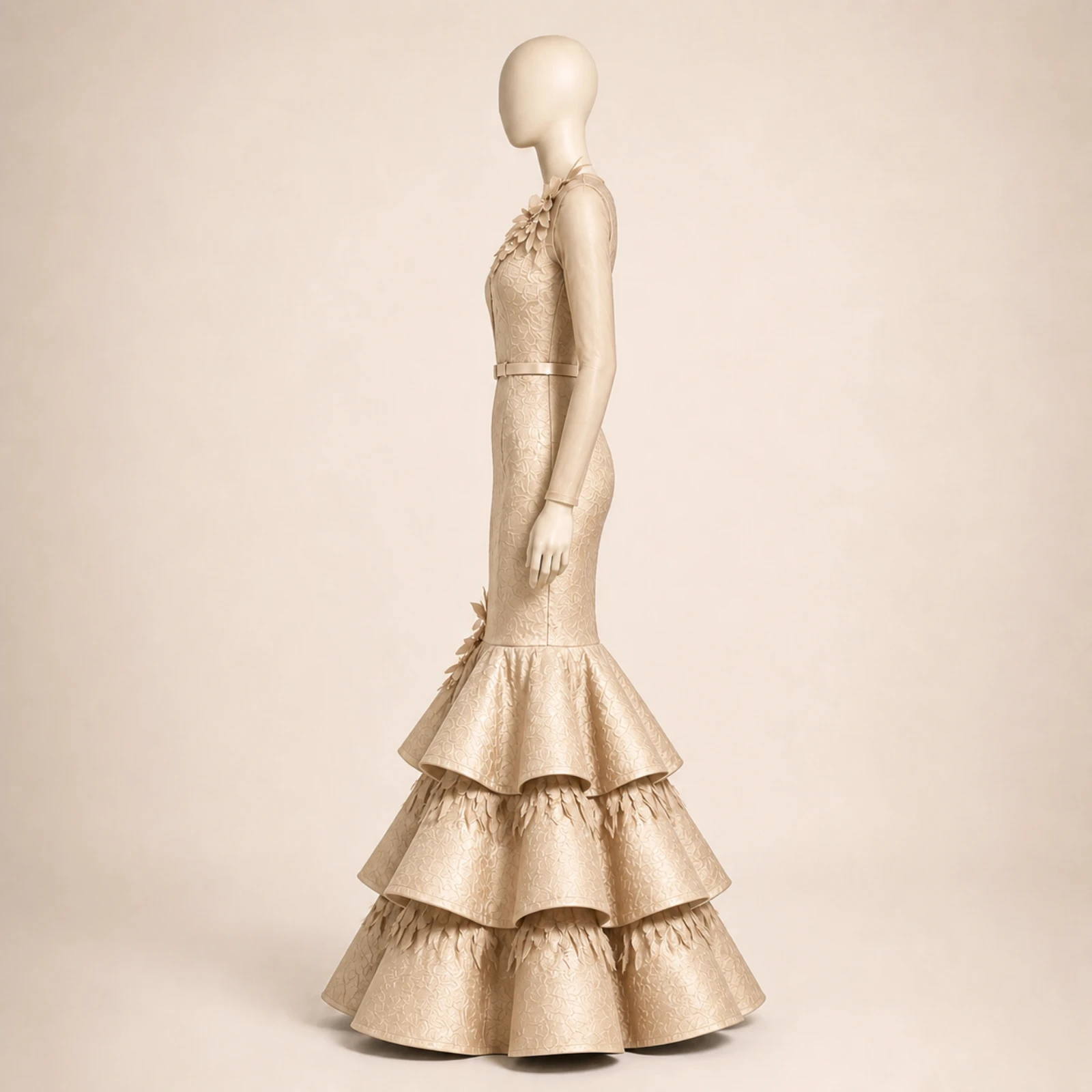 Zahara Champagne Tiered Mermaid Gown, view 4