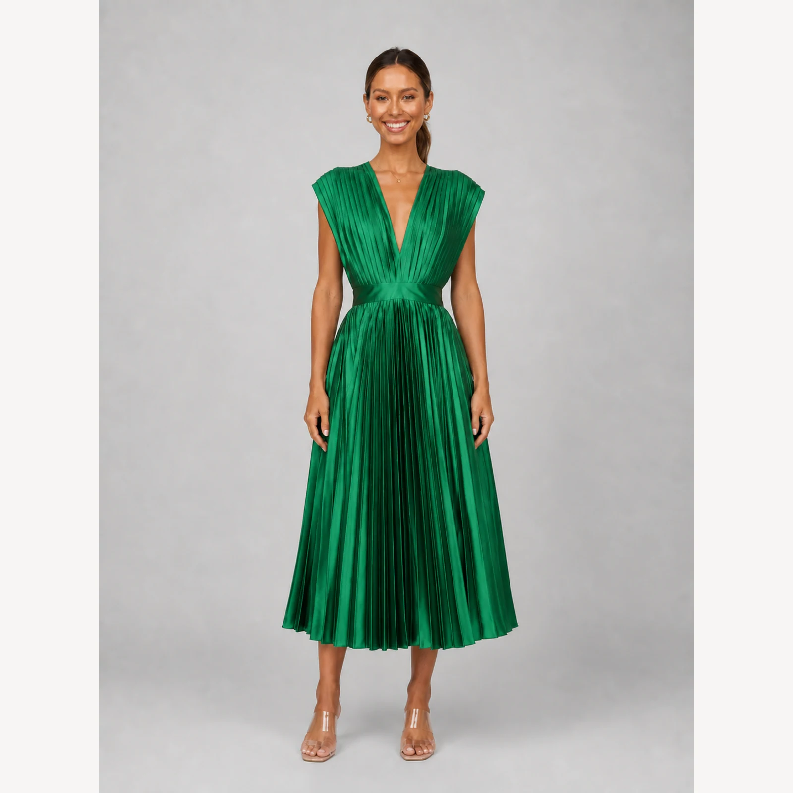 Zosia Green Pleated Midi Dress, view 1