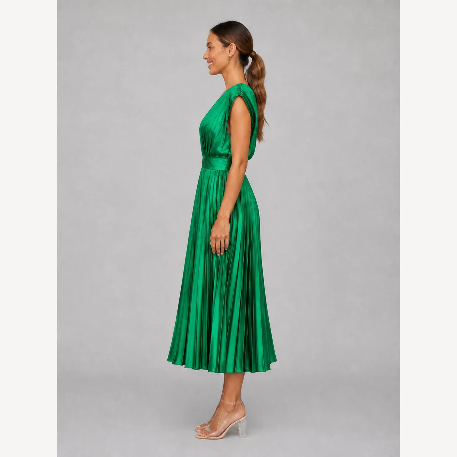 Zosia Green Pleated Midi Dress, view 3