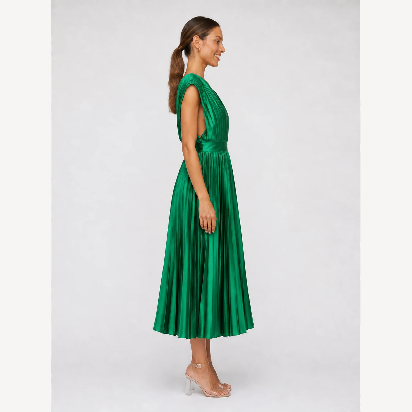 Zosia Green Pleated Midi Dress, view 4